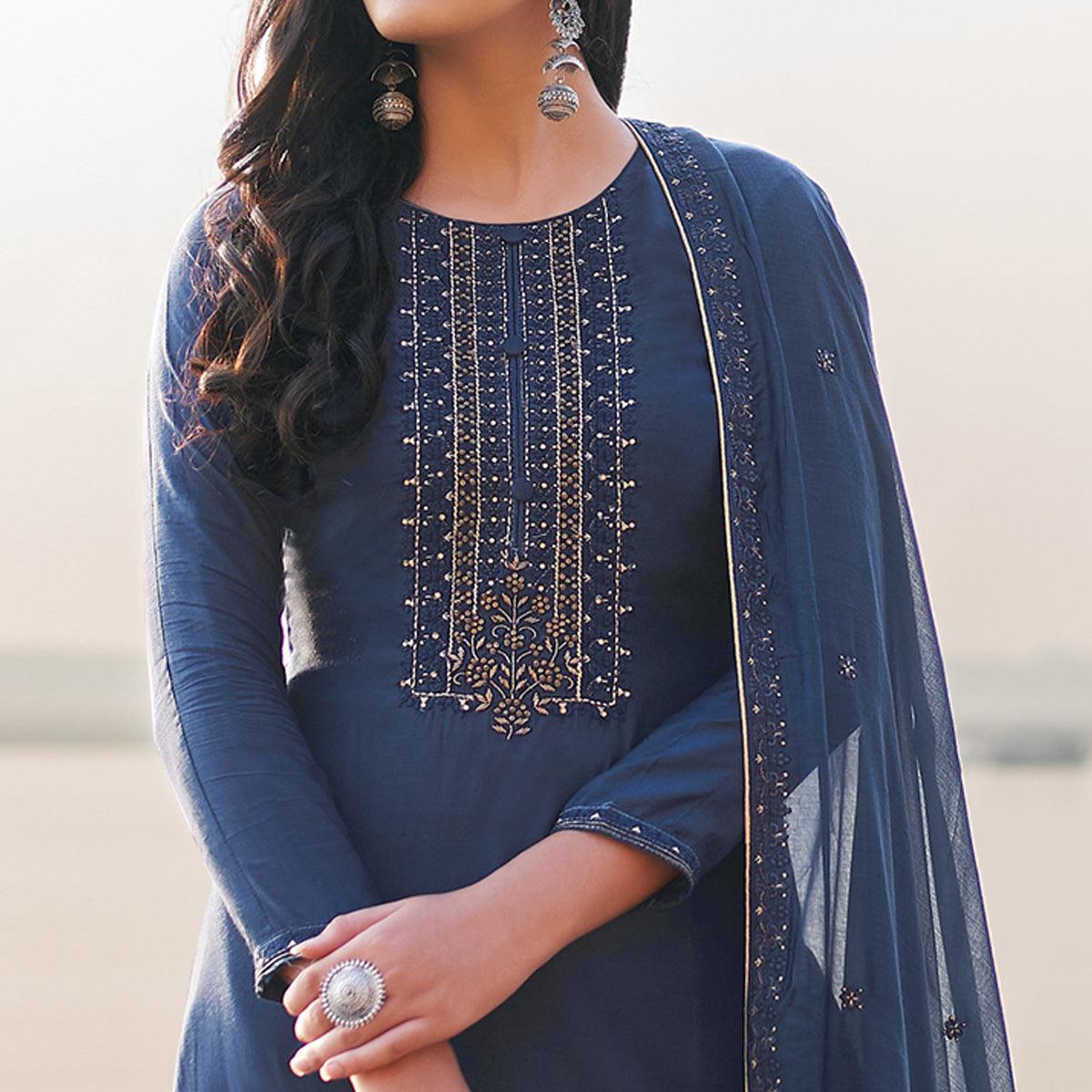 Navy Blue Coloured Handwork Partywear Cotton Silk Palazzo Suit - Peachmode