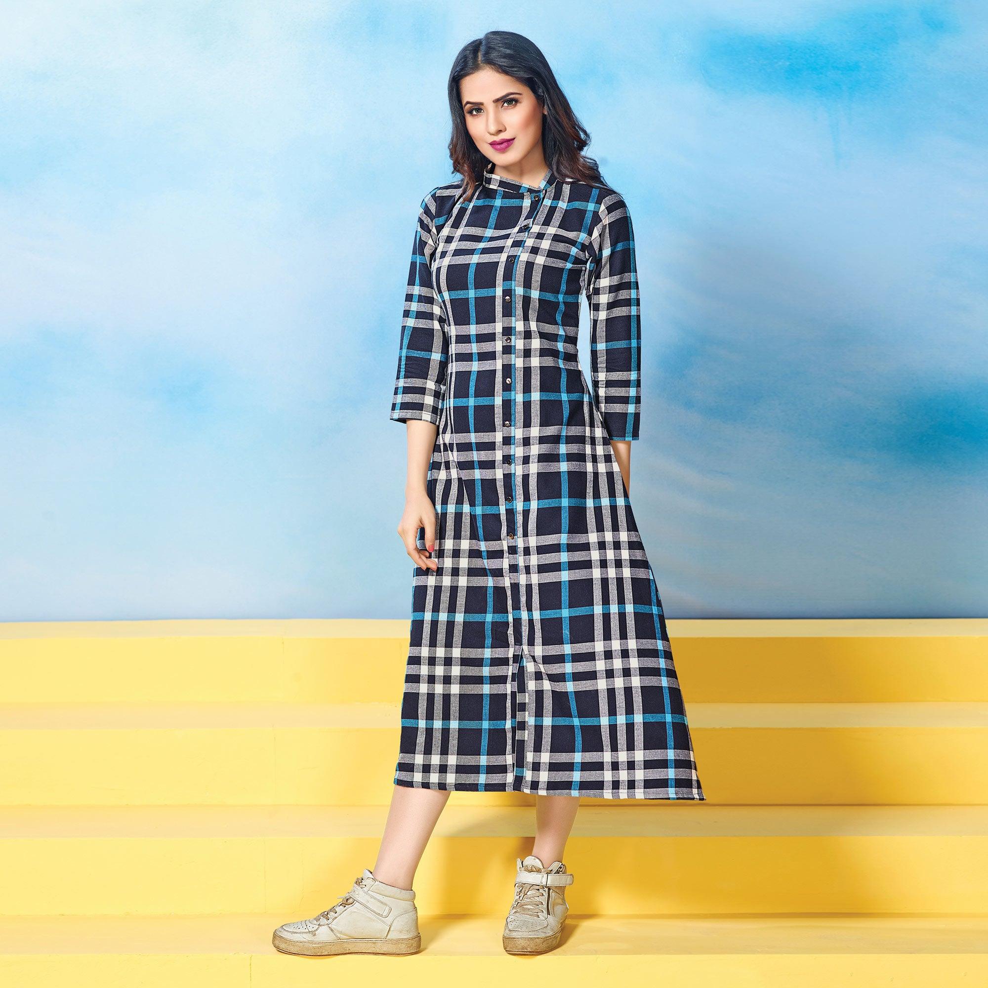 Navy Blue Cotton Dress - Peachmode