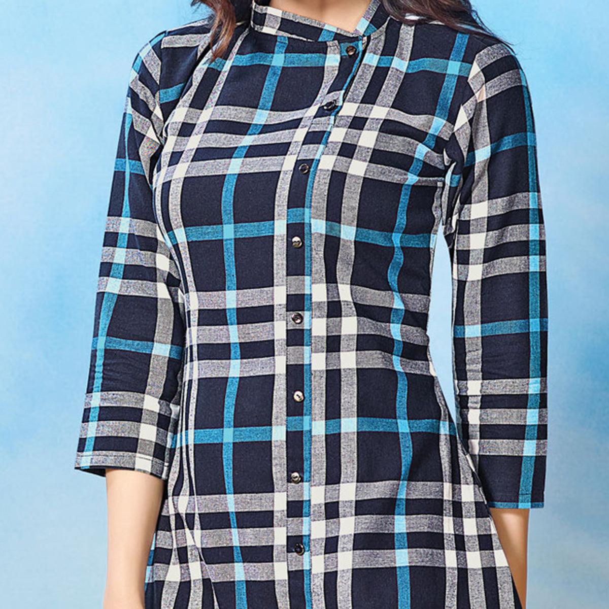 Navy Blue Cotton Dress - Peachmode