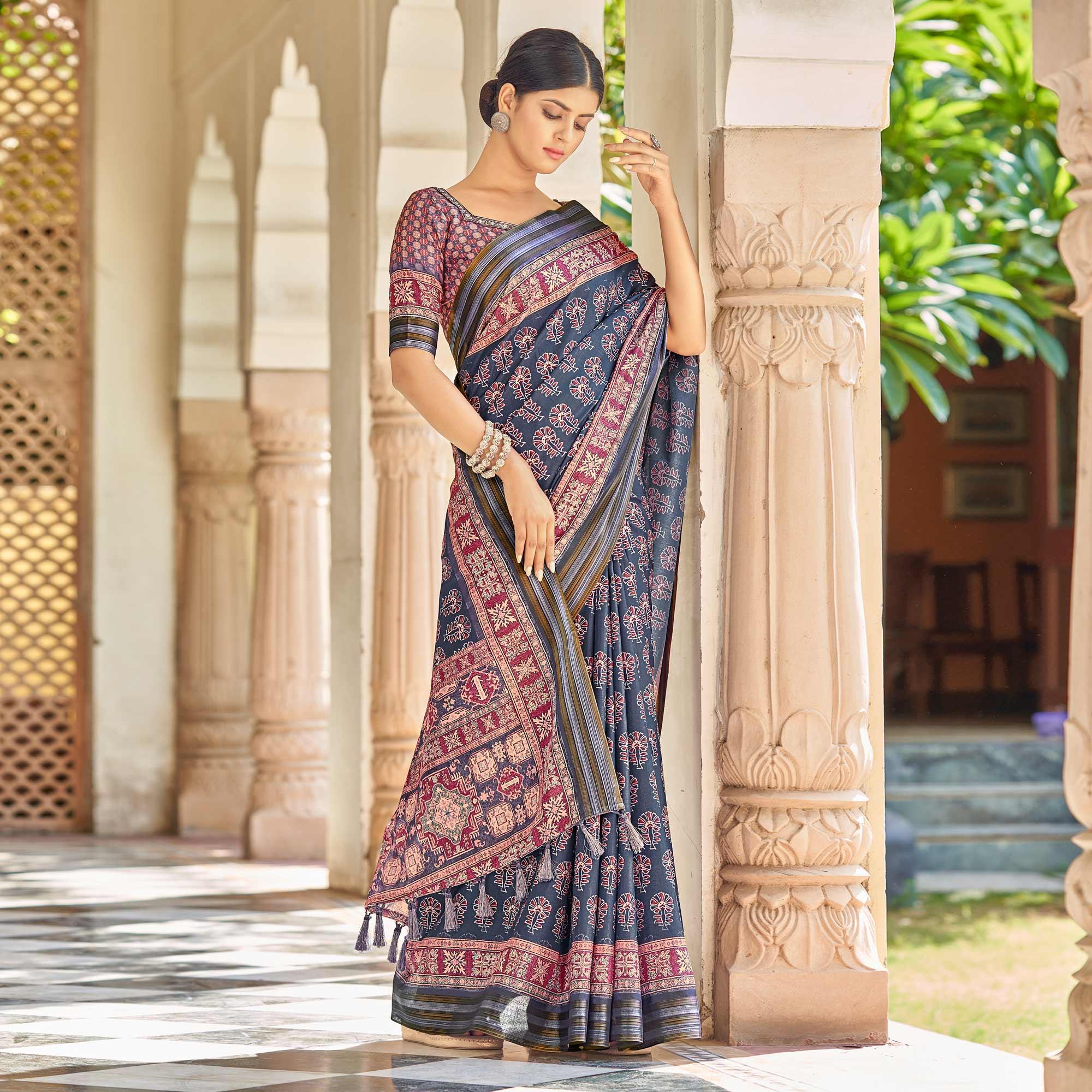 Navy Blue Digital Printed Art Silk Saree - Peachmode