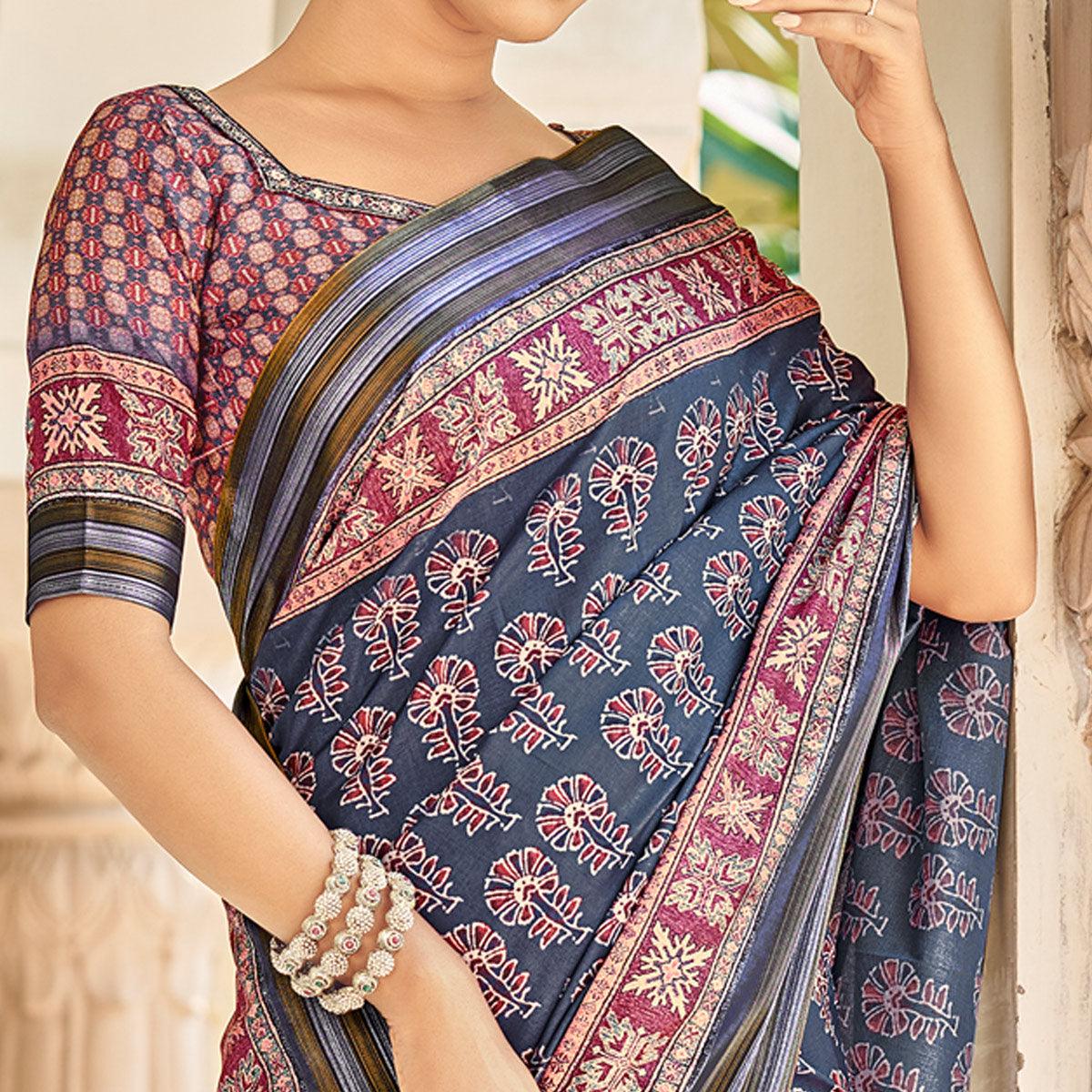 Navy Blue Digital Printed Art Silk Saree - Peachmode