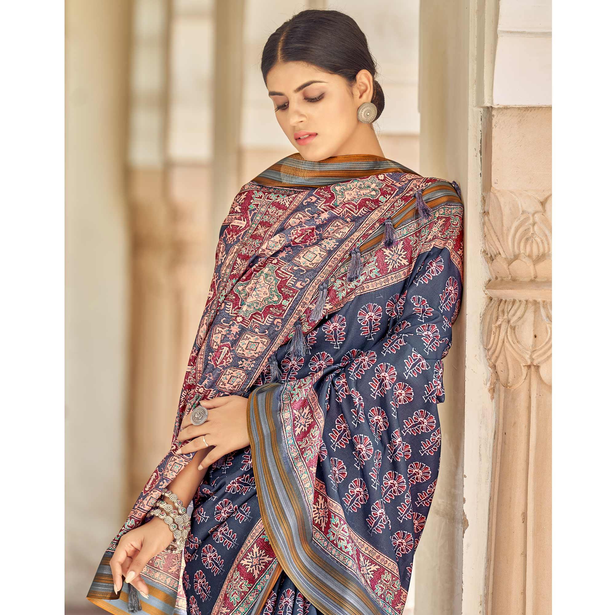 Navy Blue Digital Printed Art Silk Saree - Peachmode