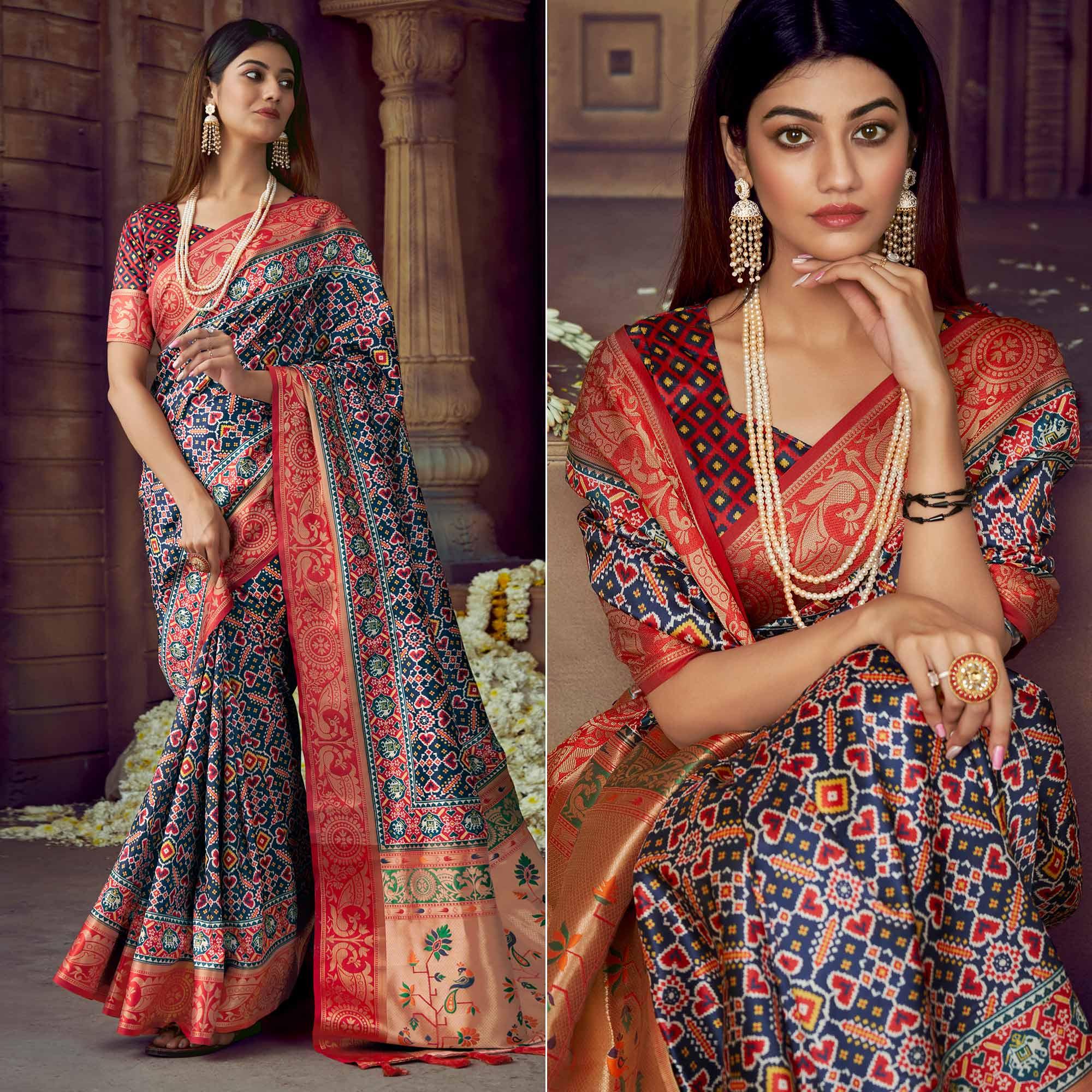 Navy Blue Digital Printed Art Silk Saree With Tassels - Peachmode