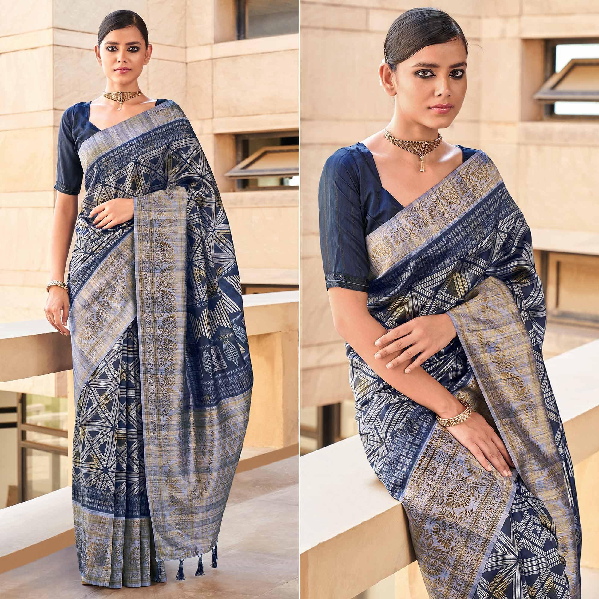 Navy Blue Digital Printed Art Silk Saree With Tassels - Peachmode
