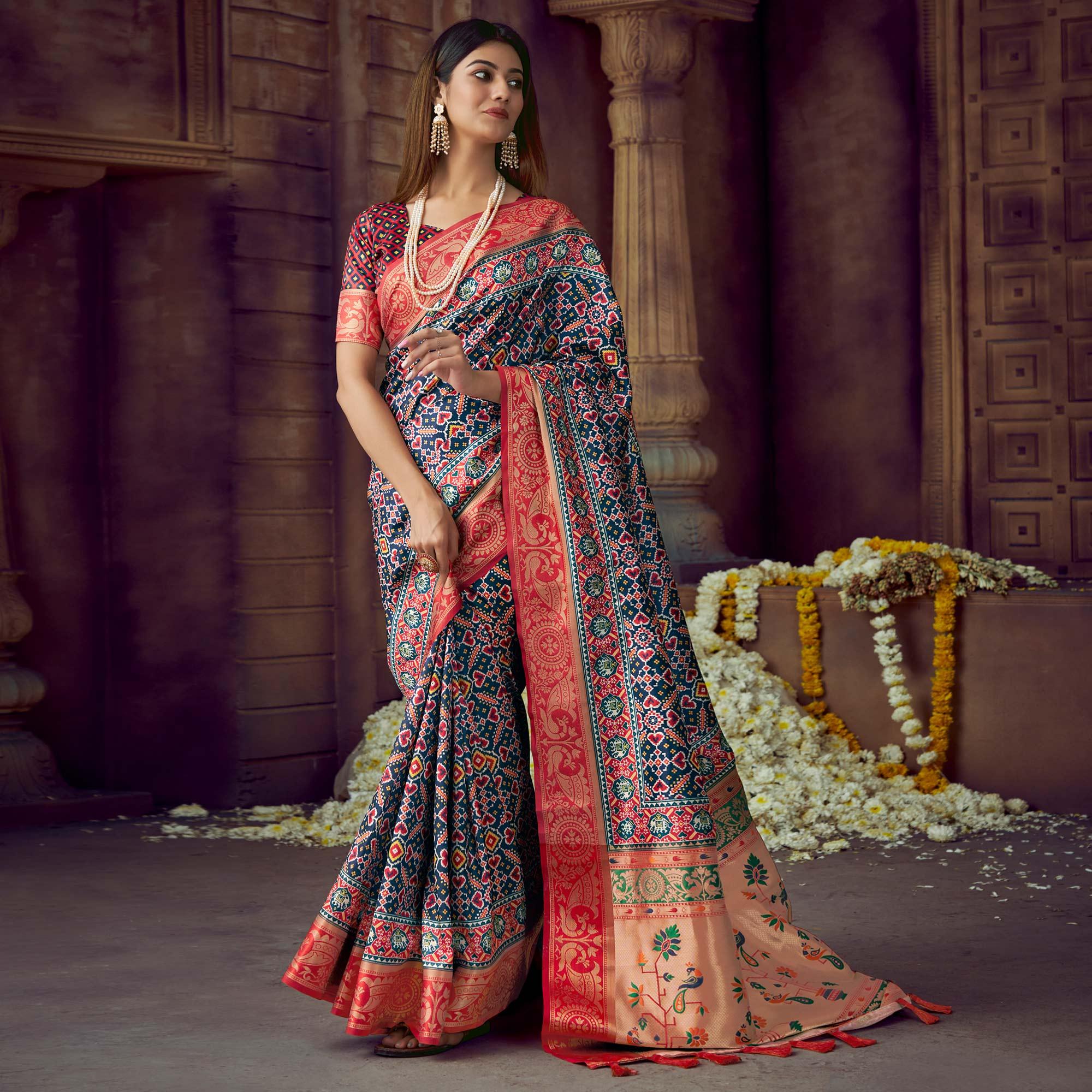 Navy Blue Digital Printed Art Silk Saree With Tassels - Peachmode