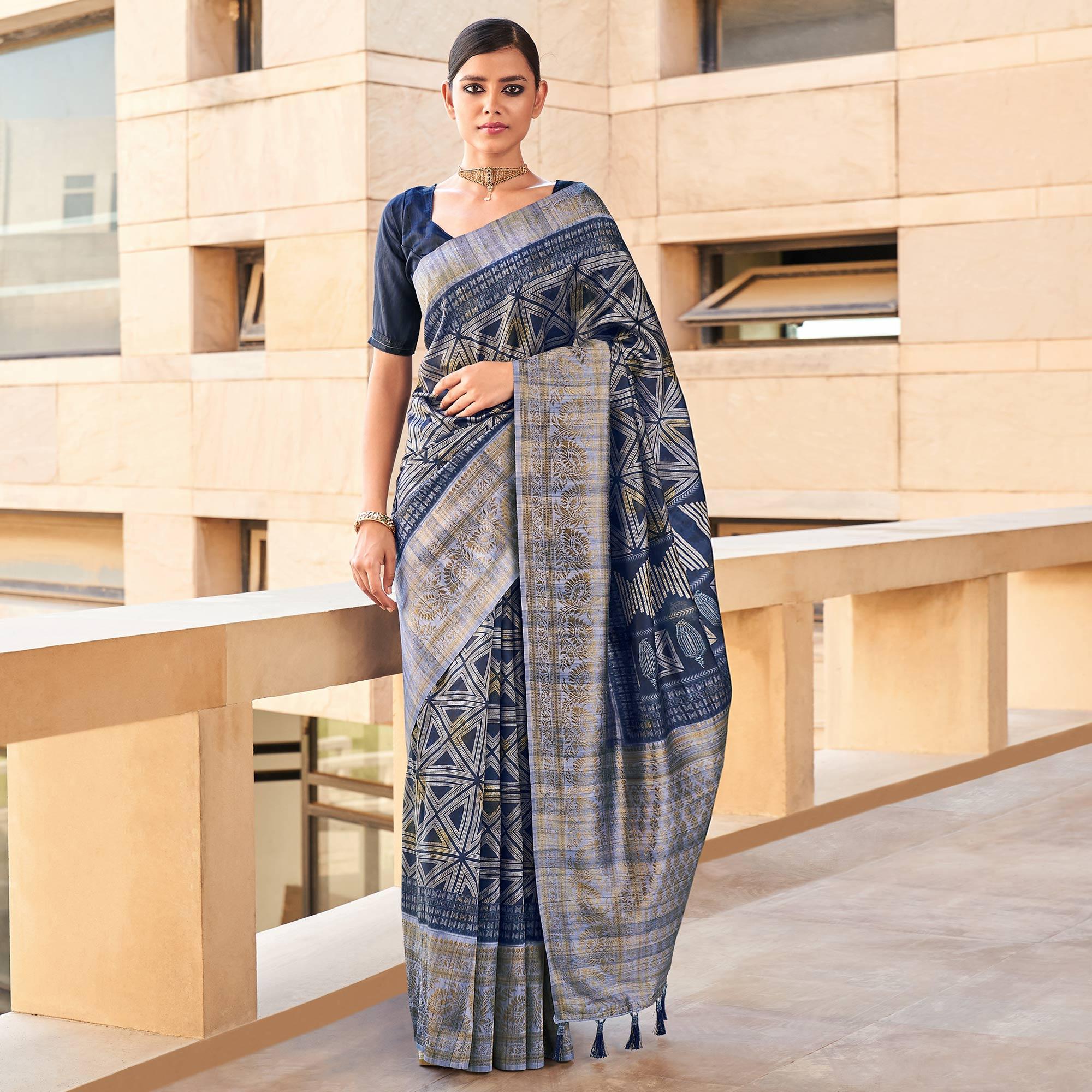 Navy Blue Digital Printed Art Silk Saree With Tassels - Peachmode