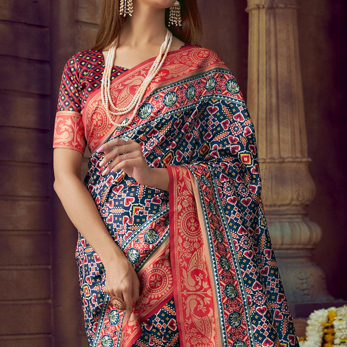 Navy Blue Digital Printed Art Silk Saree With Tassels - Peachmode