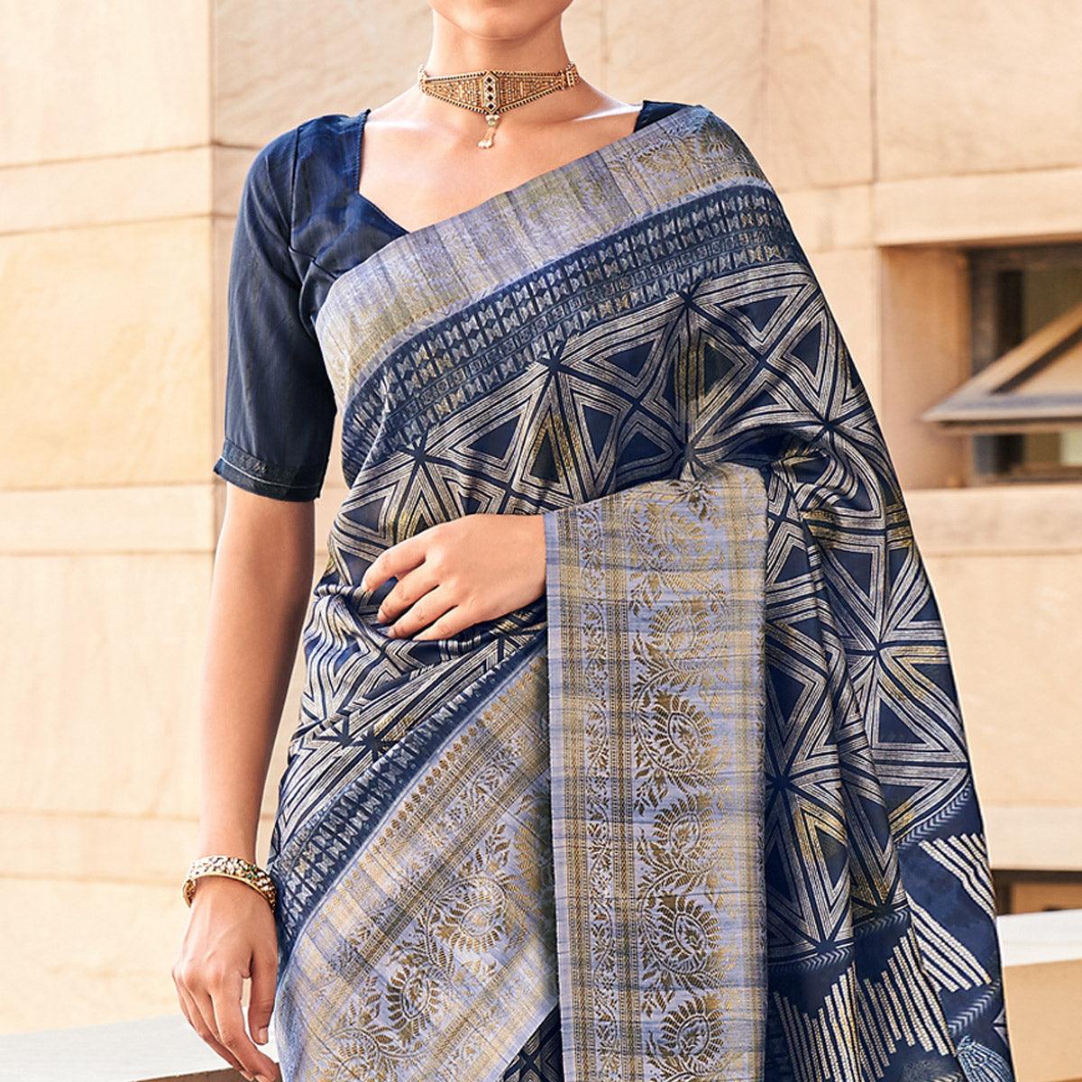 Navy Blue Digital Printed Art Silk Saree With Tassels - Peachmode