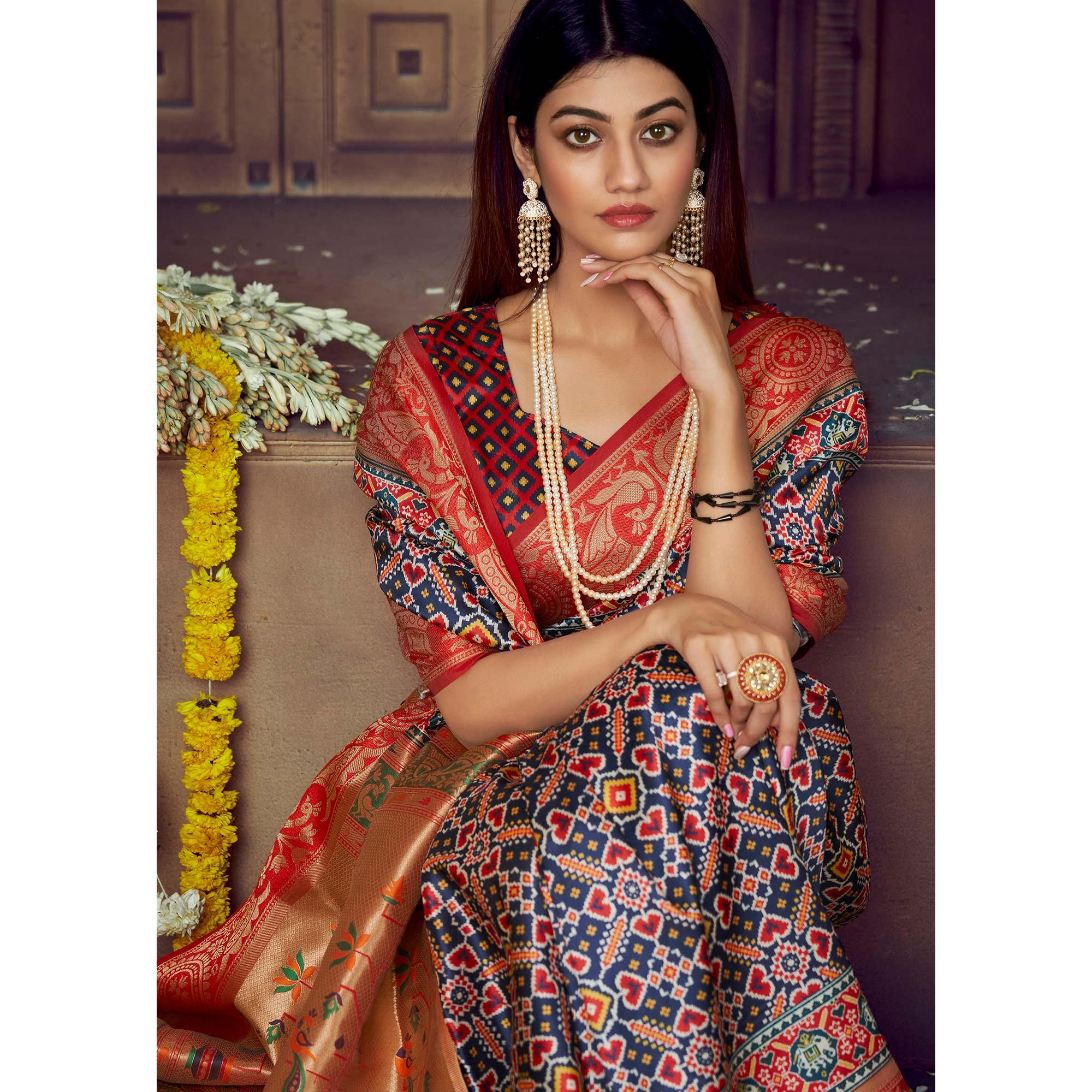 Navy Blue Digital Printed Art Silk Saree With Tassels - Peachmode