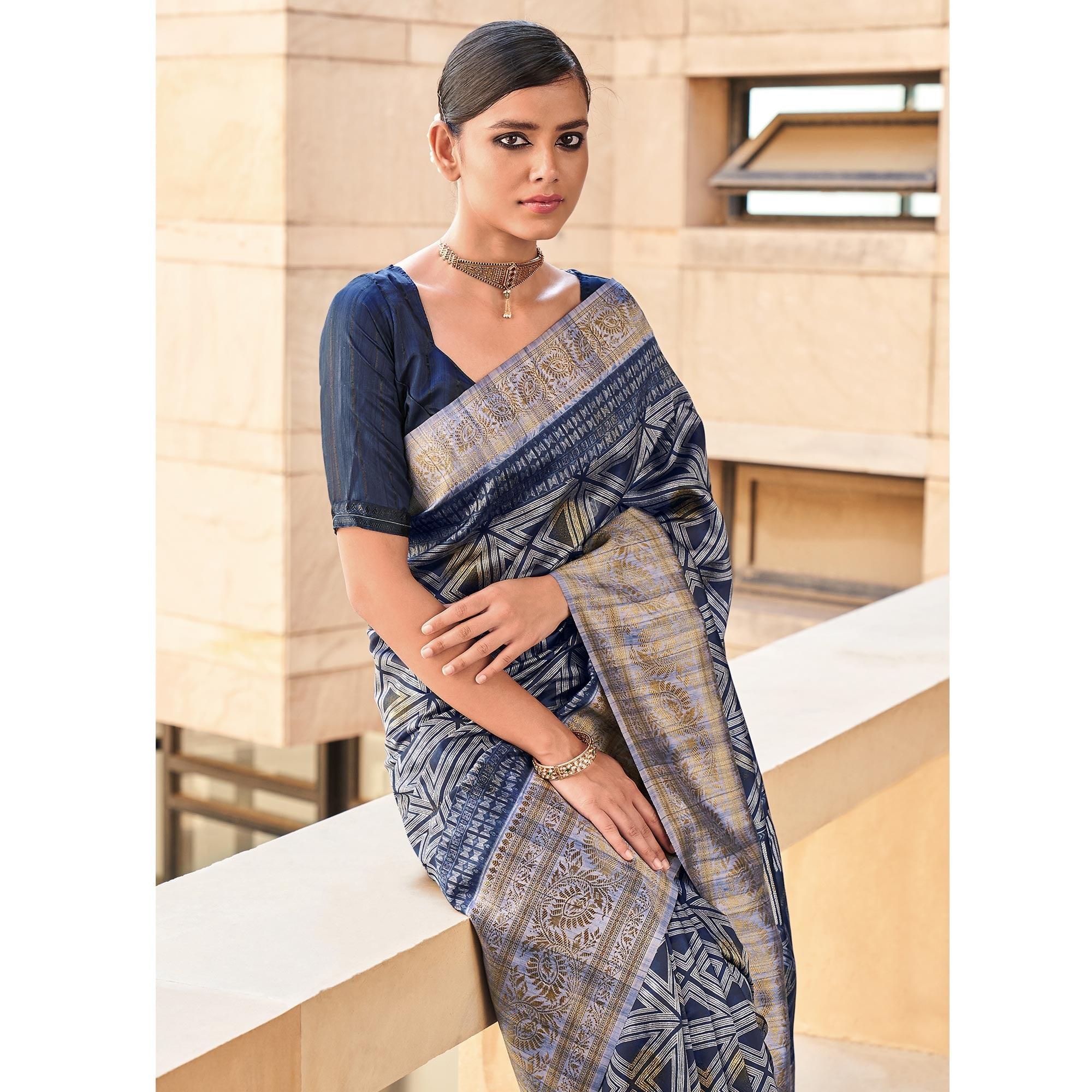 Navy Blue Digital Printed Art Silk Saree With Tassels - Peachmode