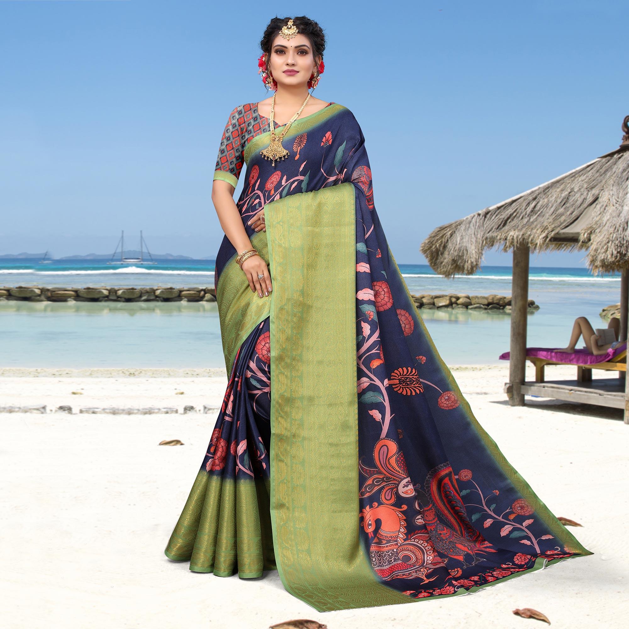 Navy Blue Digital Printed Khaadi Saree - Peachmode