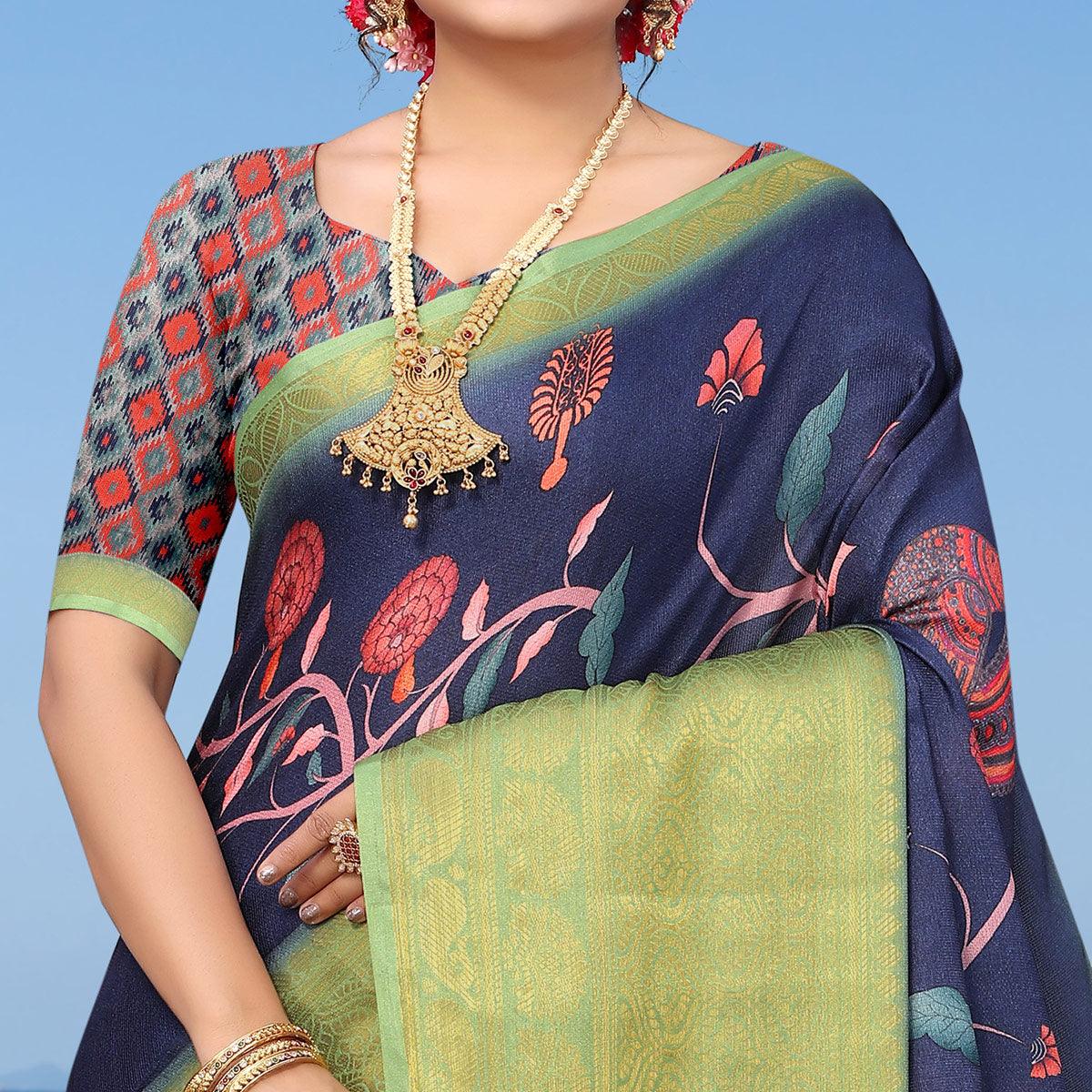 Navy Blue Digital Printed Khaadi Saree - Peachmode
