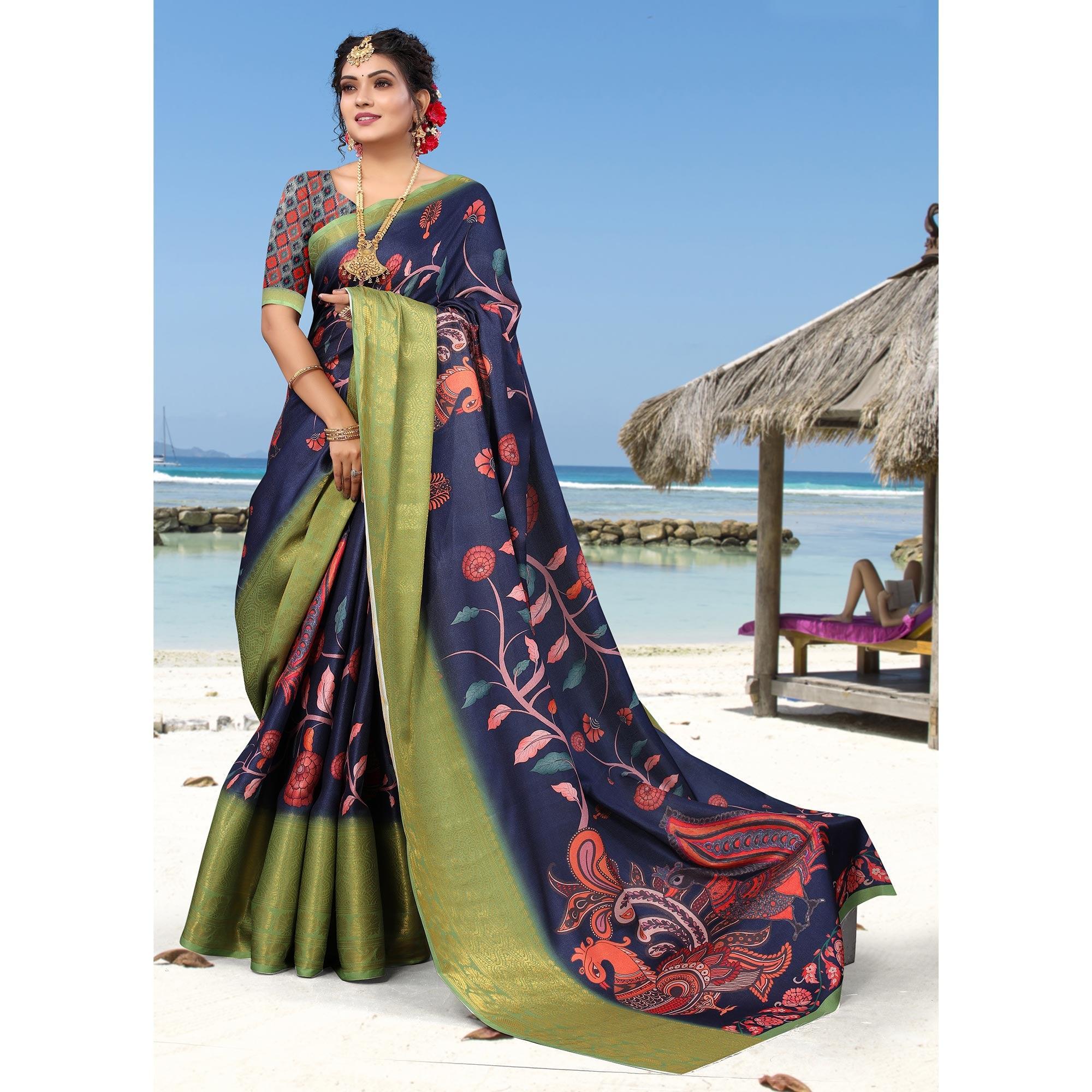 Navy Blue Digital Printed Khaadi Saree - Peachmode