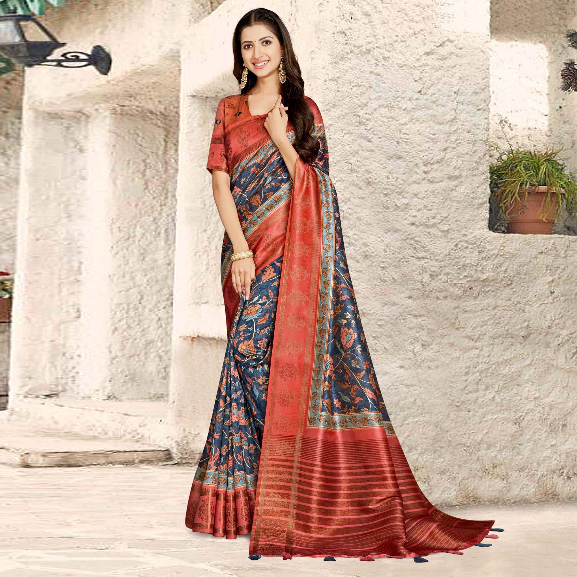 Navy Blue Digital Printed Tussar Silk Saree With Tassels - Peachmode