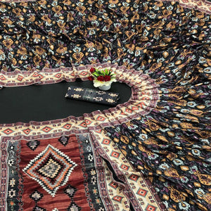 Navy Blue Digital Printed Vichitra Silk Saree - Peachmode