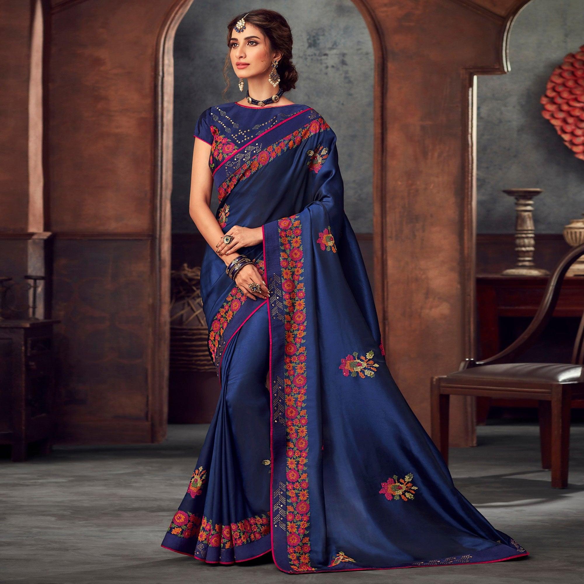 Navy Blue Embellished With Embroidered Art Silk Saree - Peachmode
