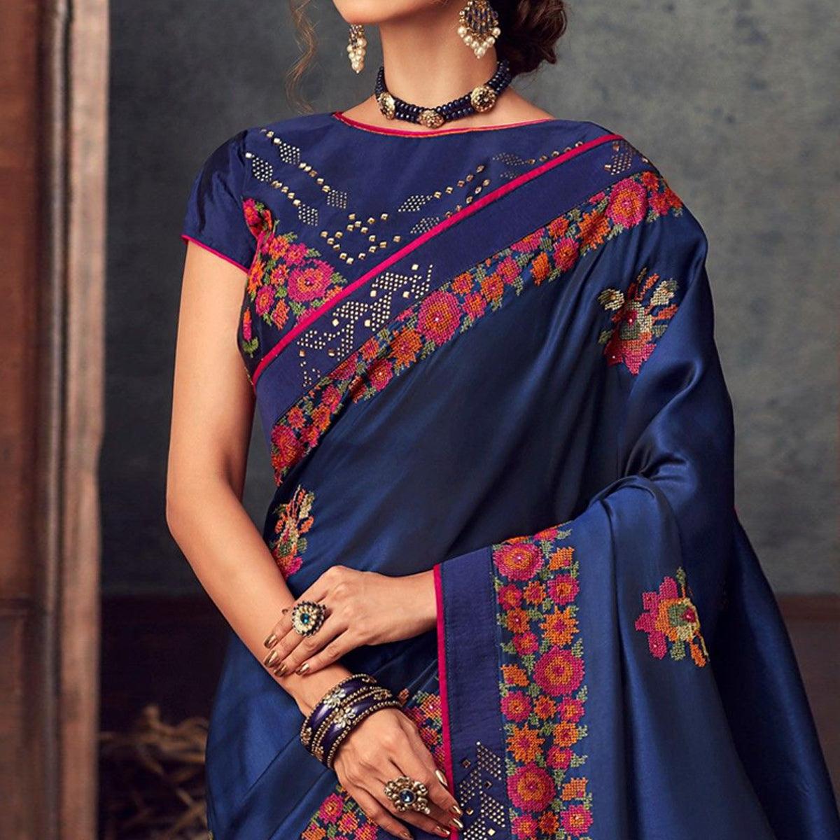 Navy Blue Embellished With Embroidered Art Silk Saree - Peachmode