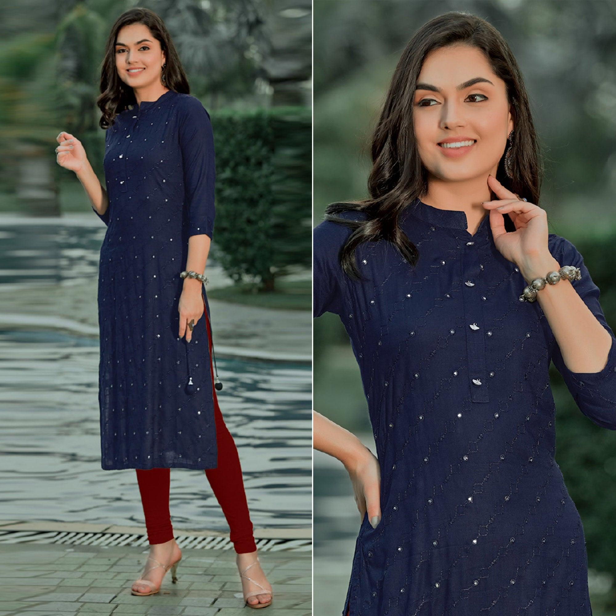Navy Blue Embellished With Embroidered Cotton Kurti - Peachmode