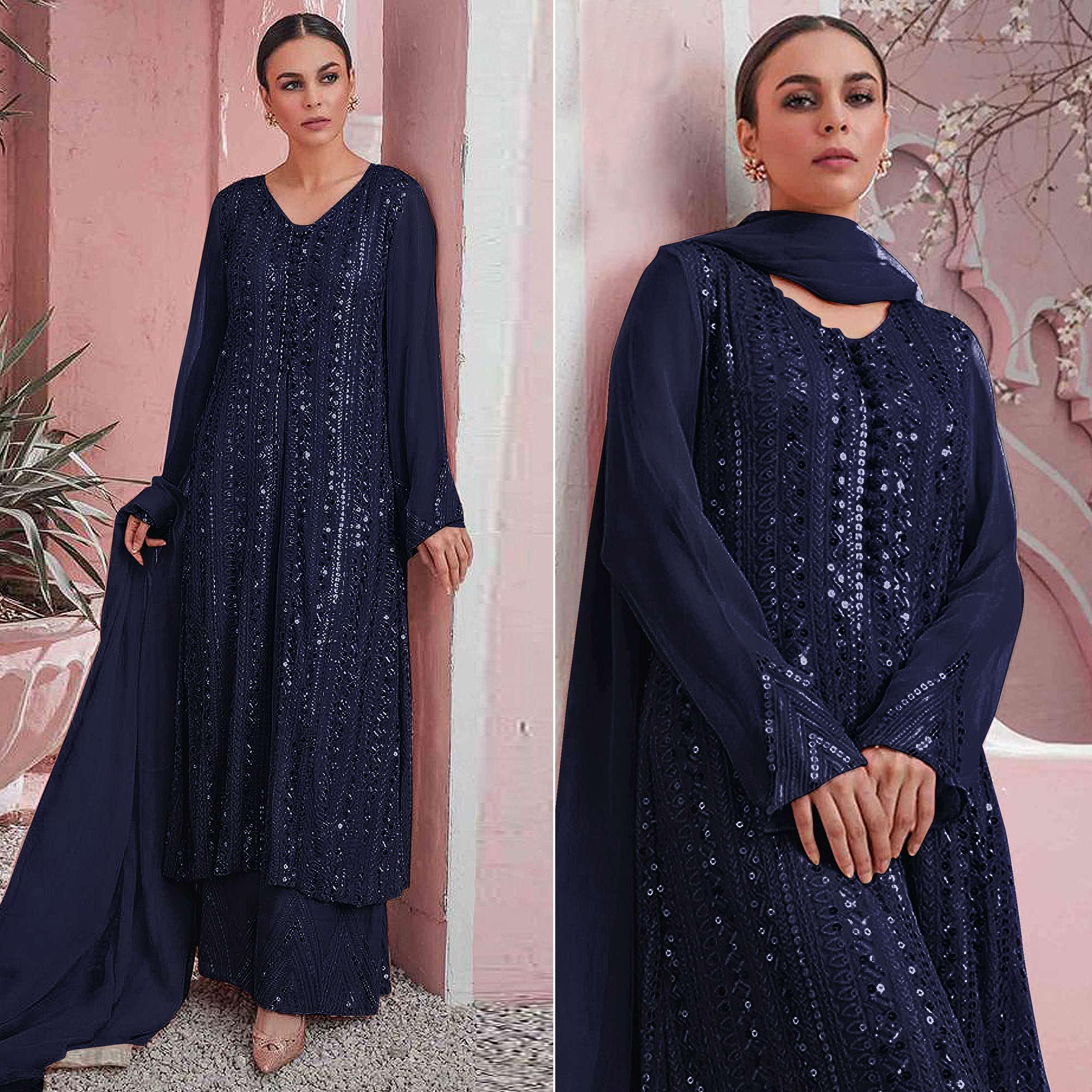 Navy Blue Embellished With Embroidered Georgette Palazzo Suit - Peachmode