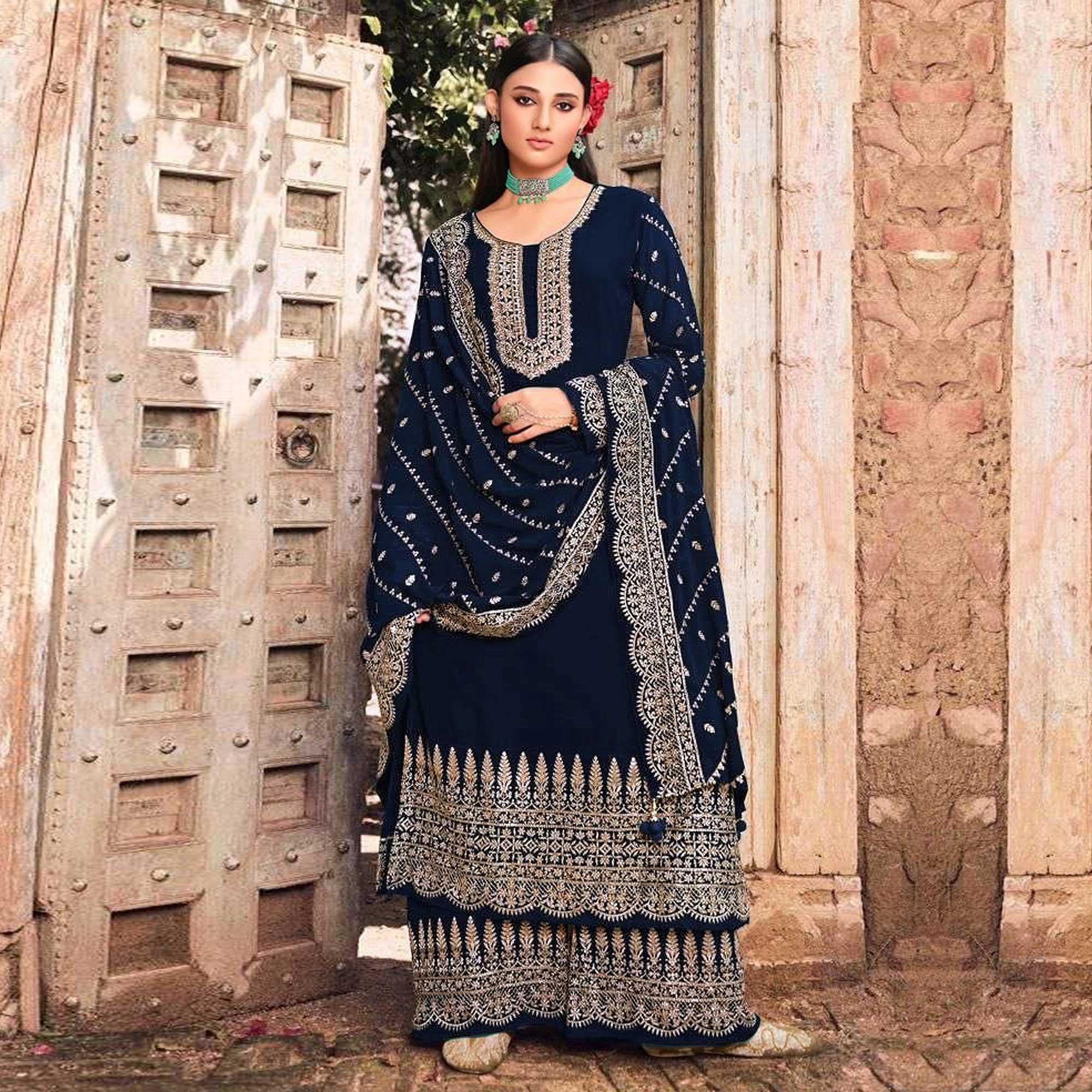 Navy Blue Embellished With Embroidered Georgette Palazzo Suit - Peachmode