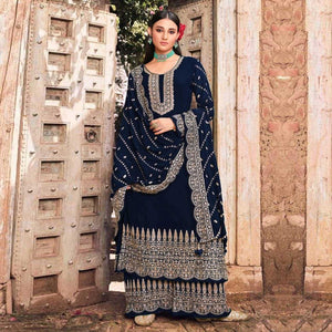 Navy Blue Embellished With Embroidered Georgette Palazzo Suit - Peachmode