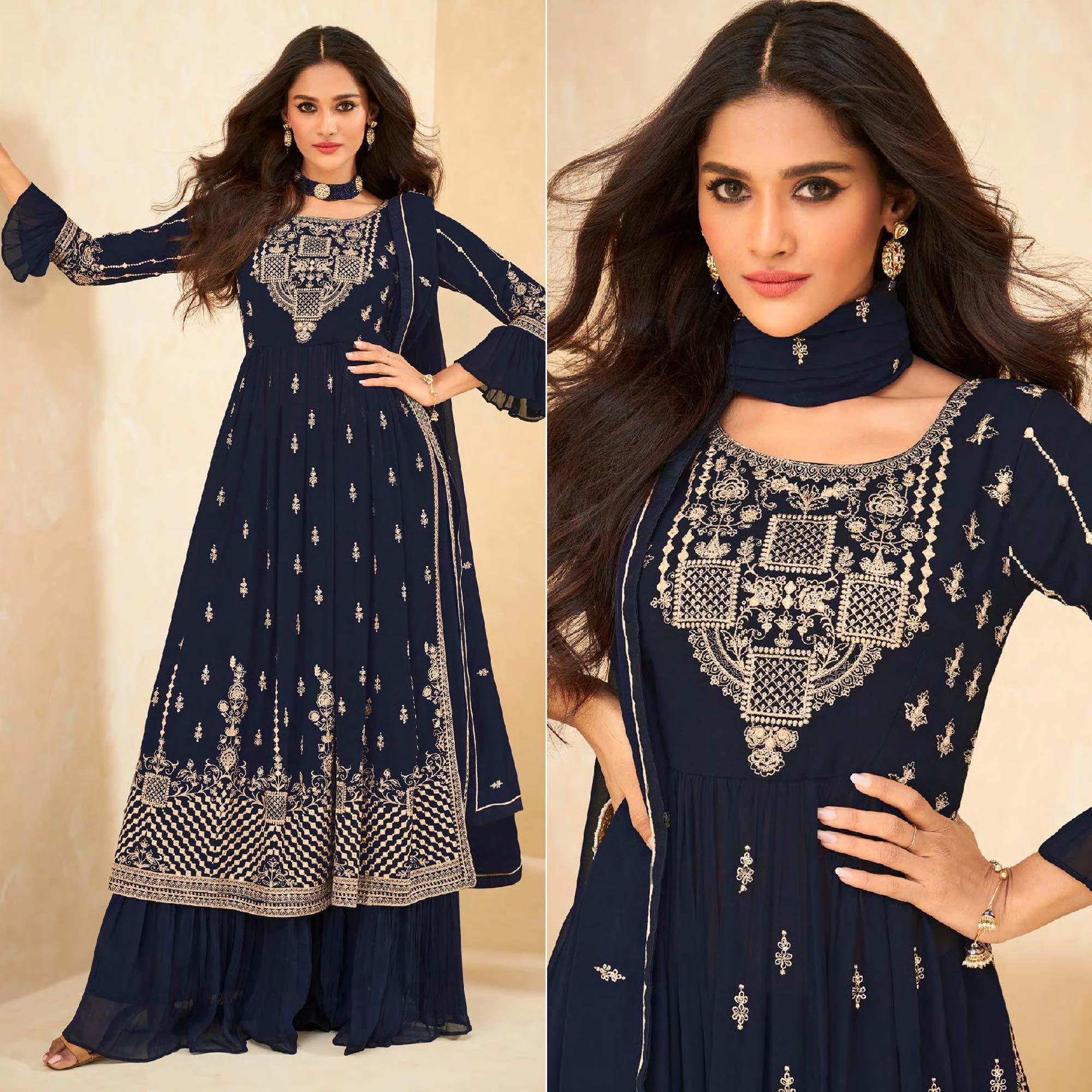 Navy Blue Embellished With Embroidered Georgette Palazzo Suit - Peachmode