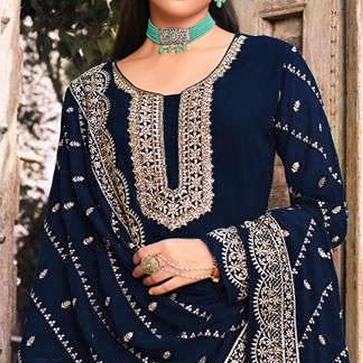 Navy Blue Embellished With Embroidered Georgette Palazzo Suit - Peachmode