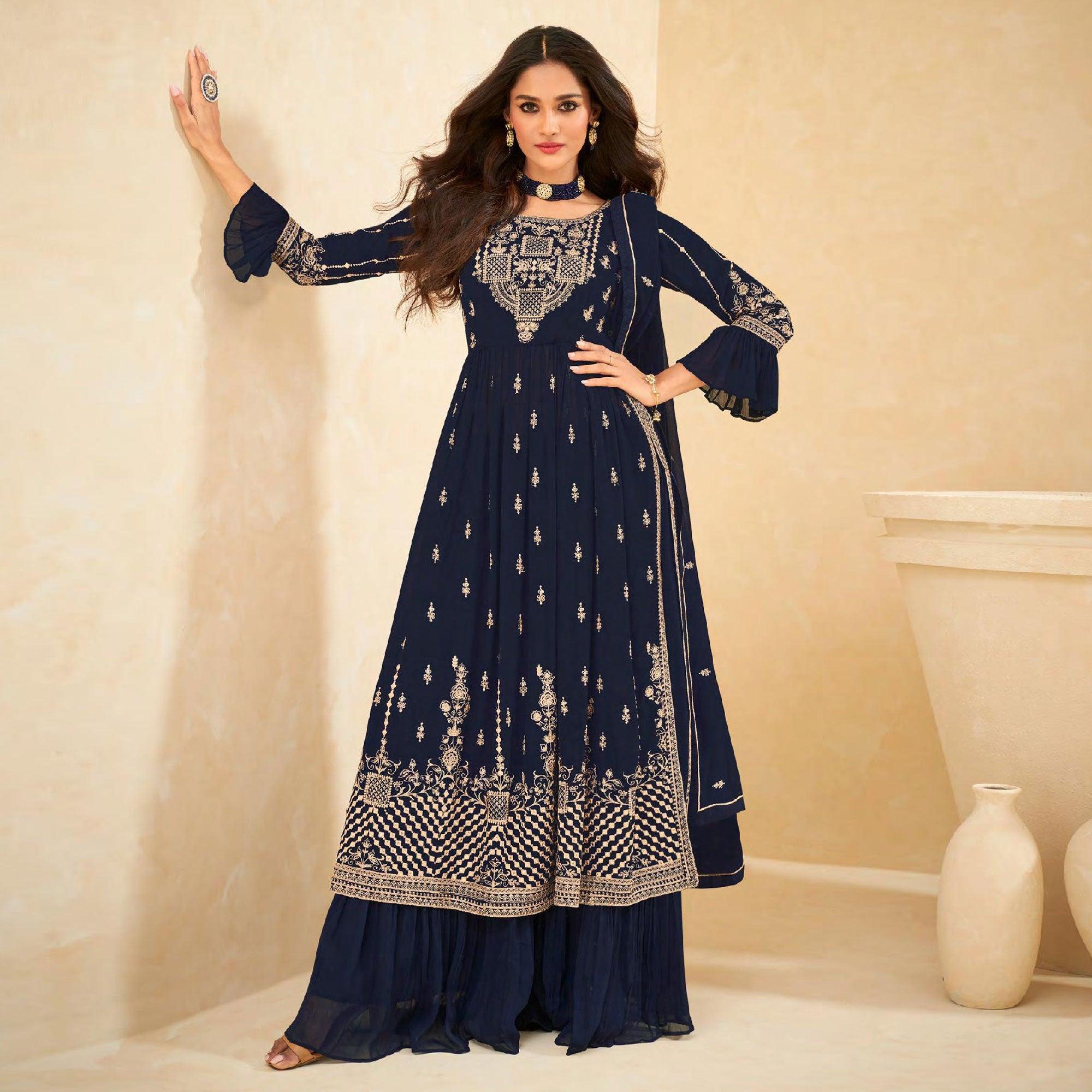 Navy Blue Embellished With Embroidered Georgette Palazzo Suit - Peachmode