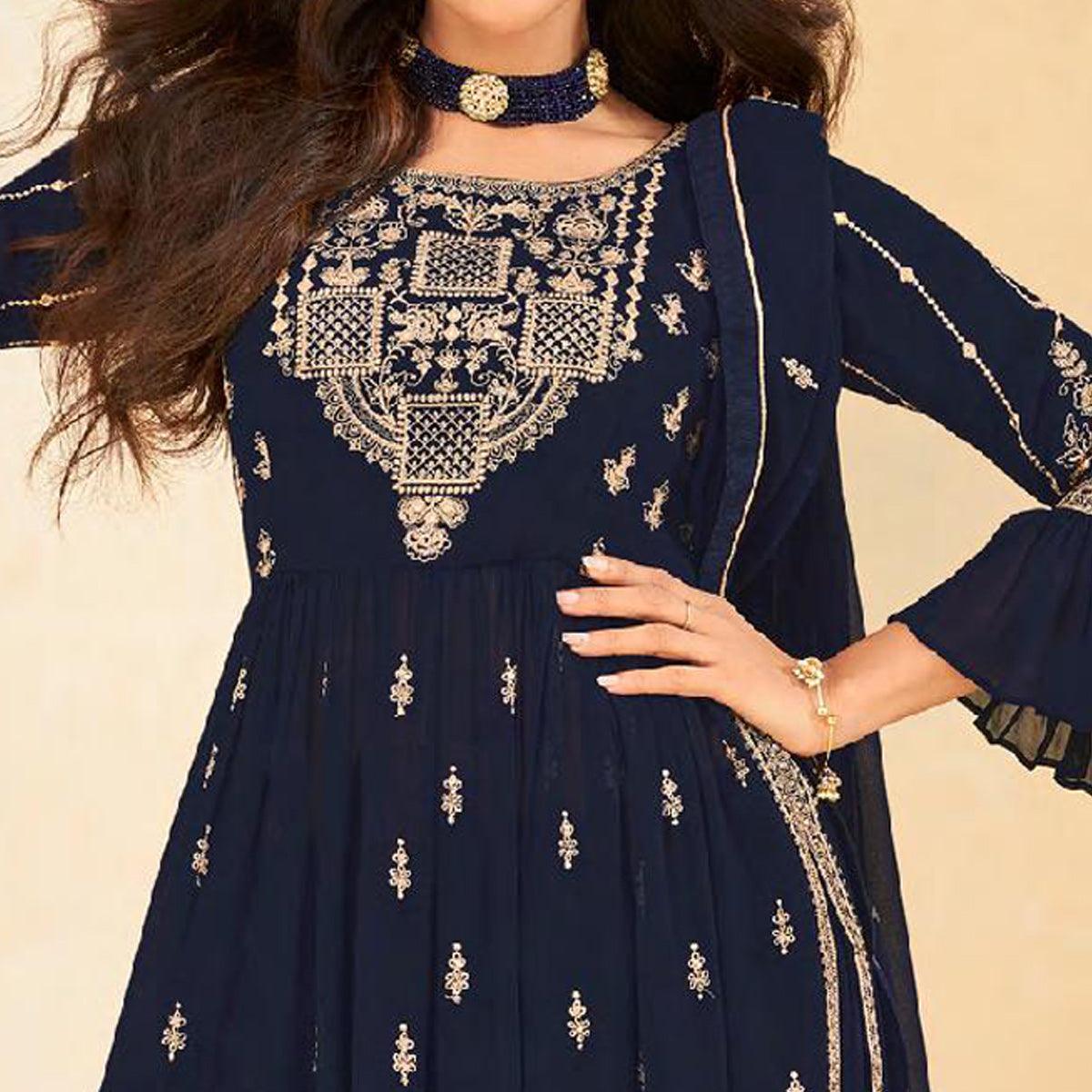 Navy Blue Embellished With Embroidered Georgette Palazzo Suit - Peachmode