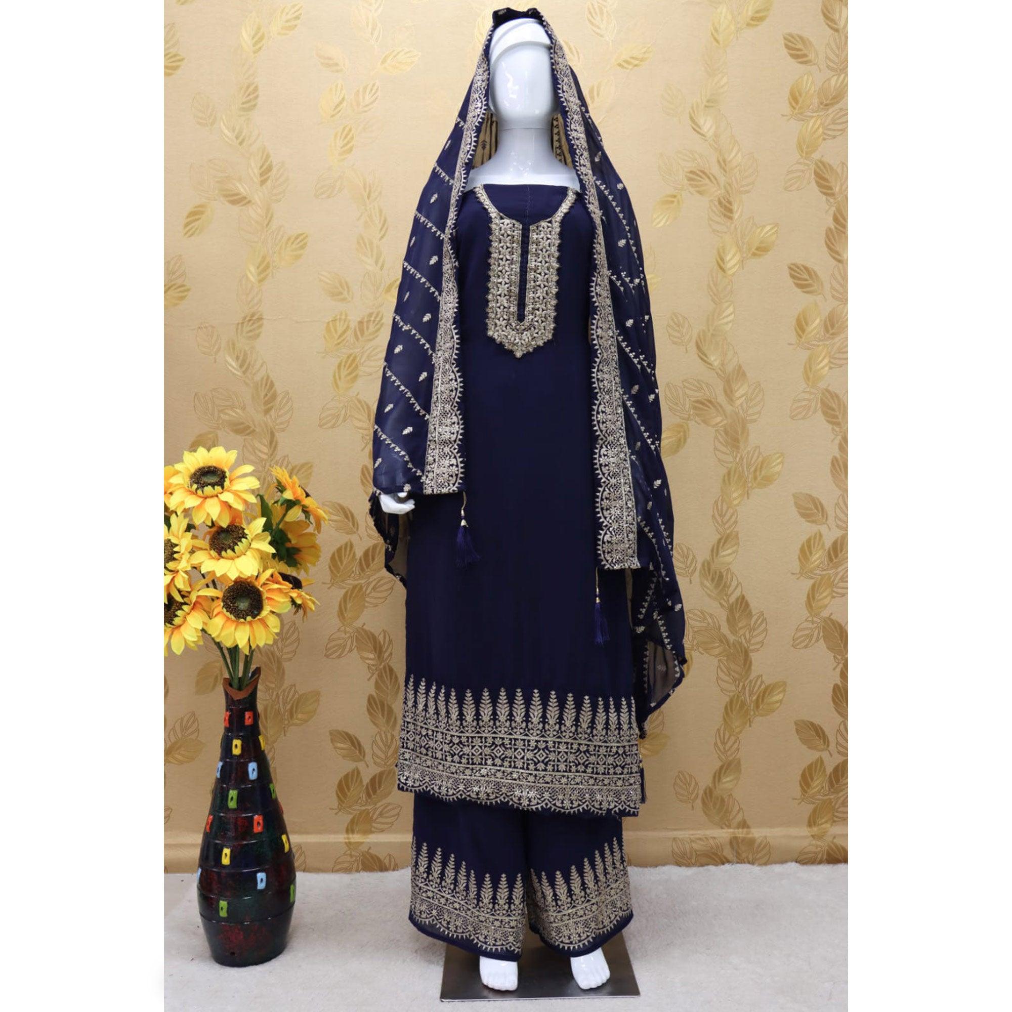 Navy Blue Embellished With Embroidered Georgette Palazzo Suit - Peachmode