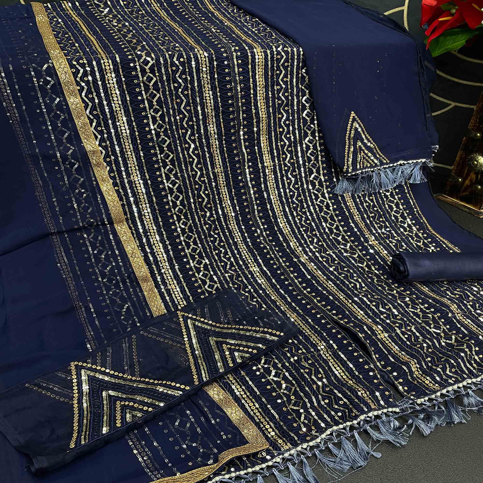 Navy Blue Embellished With Embroidered Georgette Palazzo Suit - Peachmode