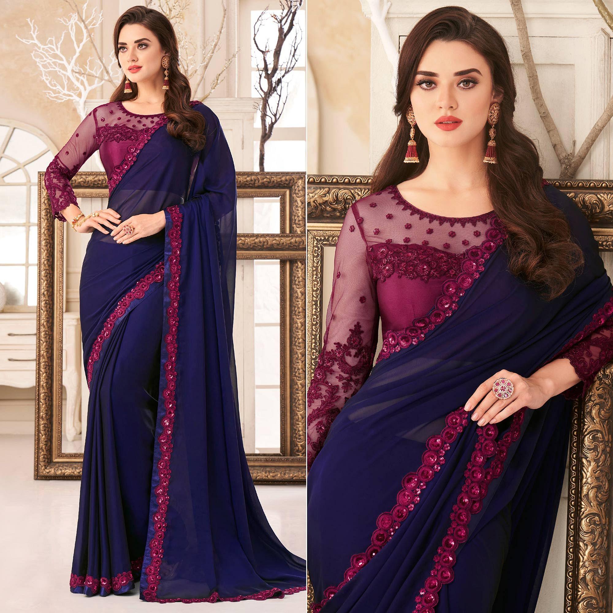 Navy Blue Embroidered & Embellished Georgette Saree - Peachmode