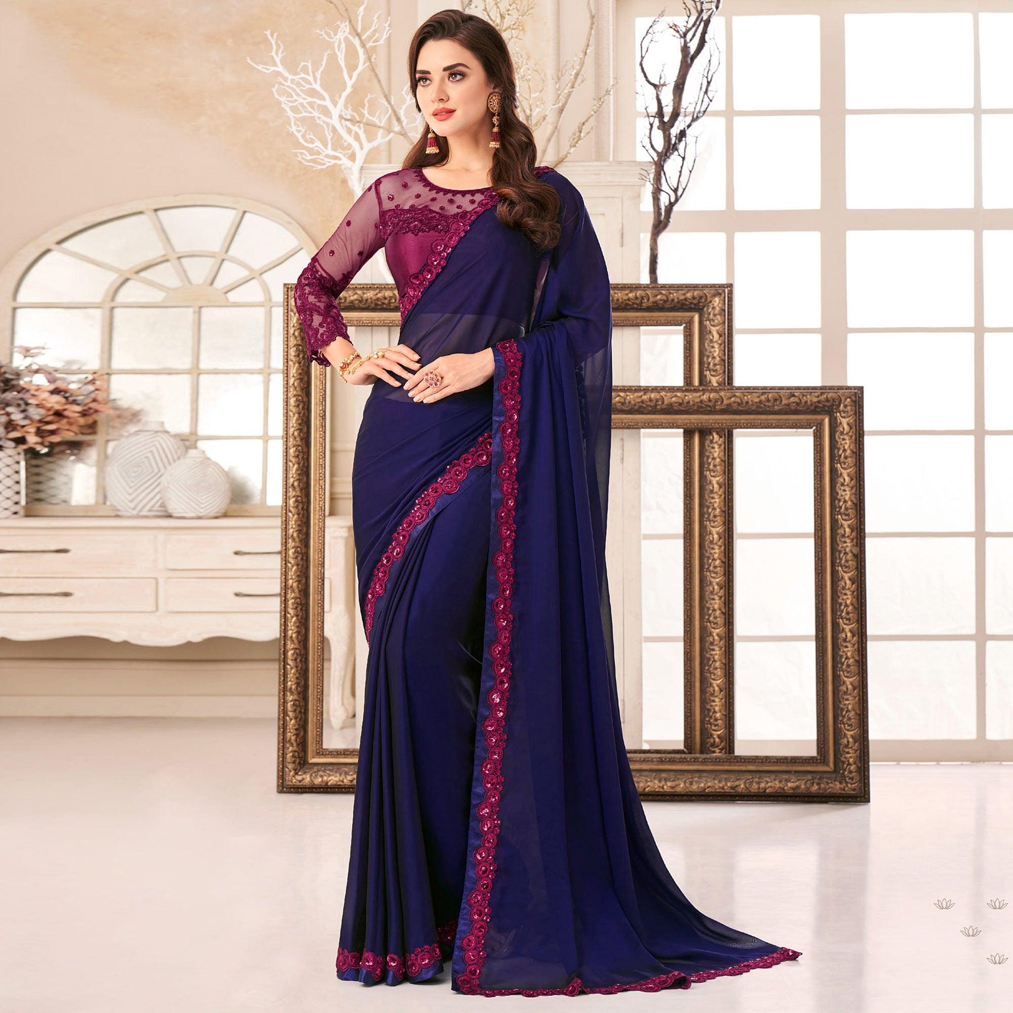 Navy Blue Embroidered & Embellished Georgette Saree - Peachmode