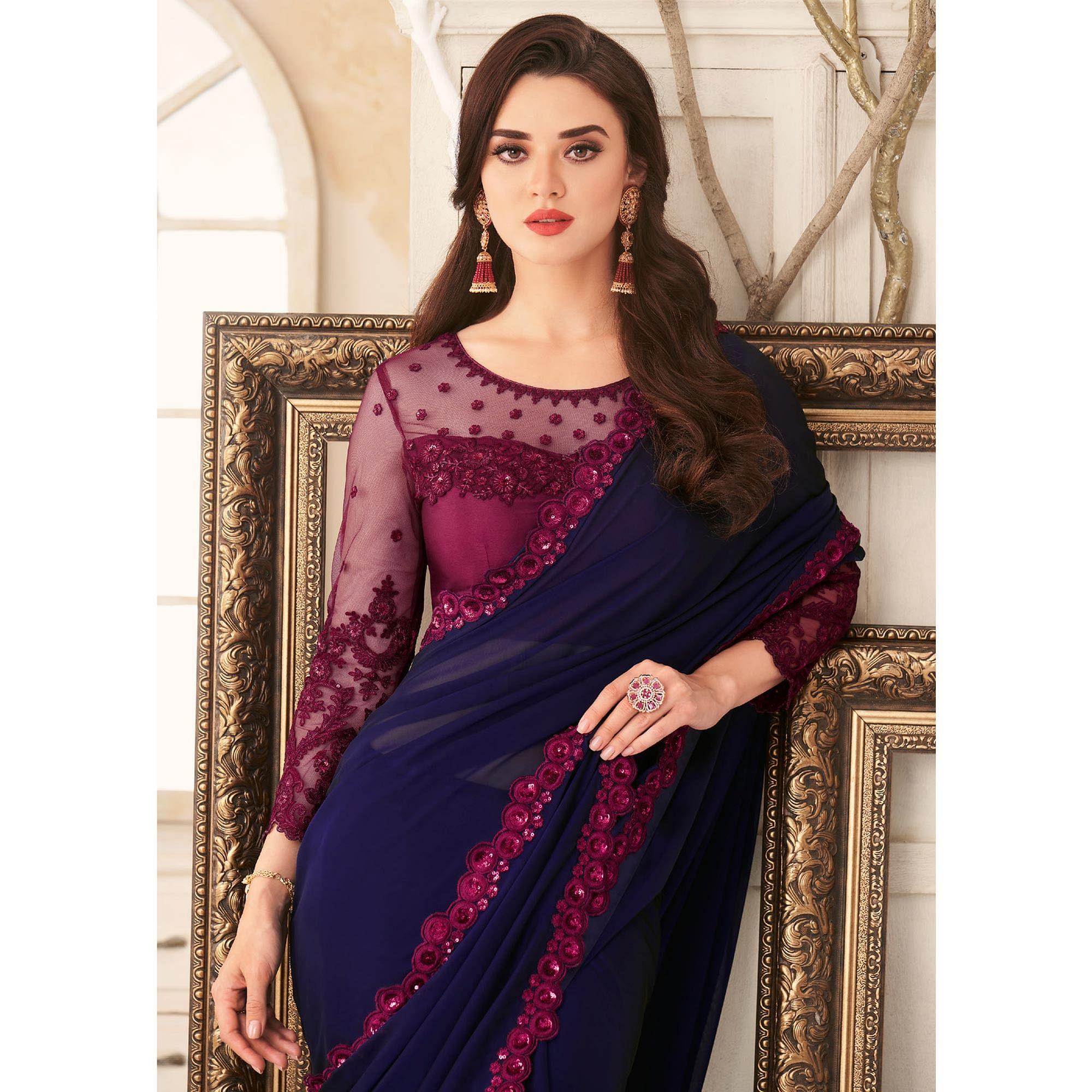 Navy Blue Embroidered & Embellished Georgette Saree - Peachmode