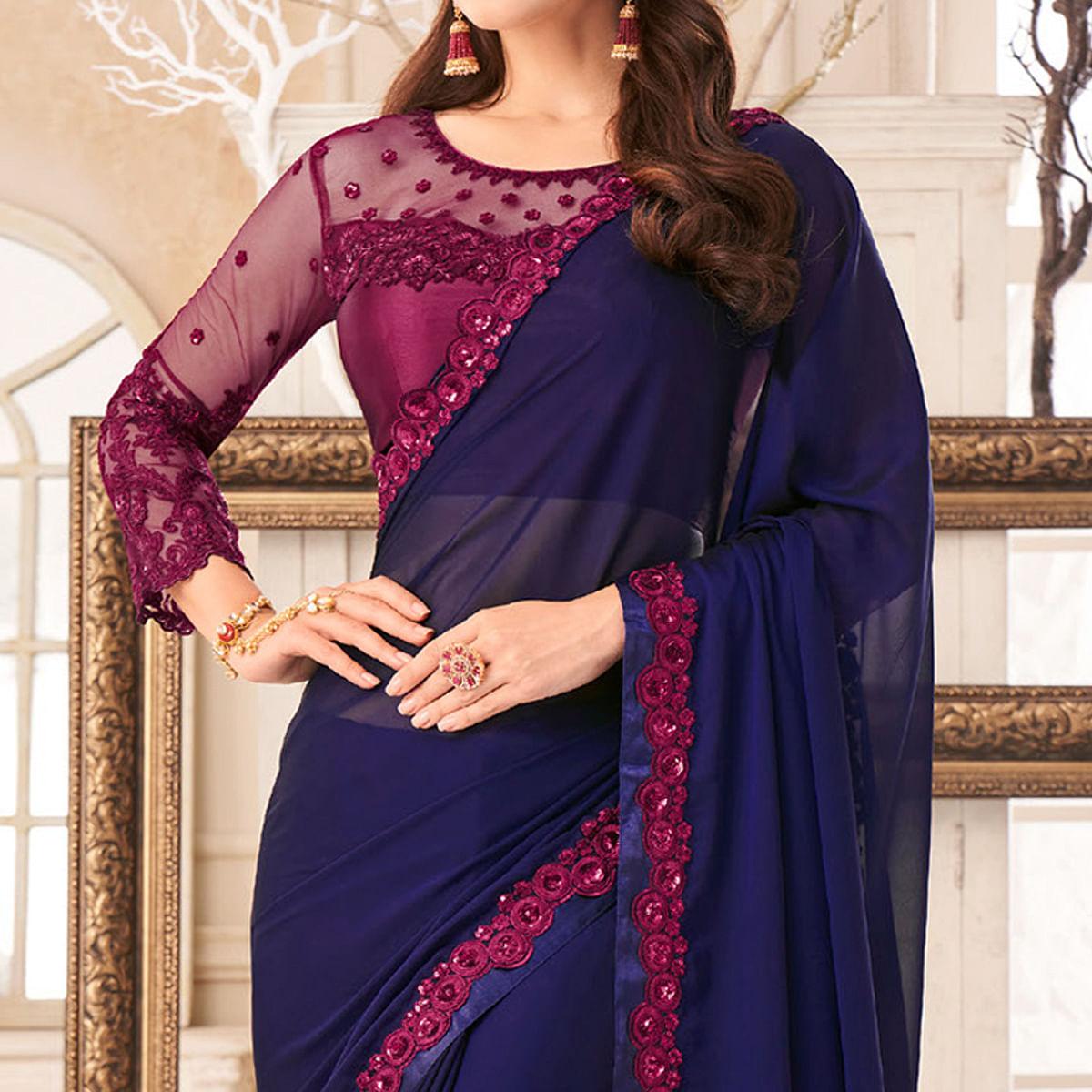 Navy Blue Embroidered & Embellished Georgette Saree - Peachmode