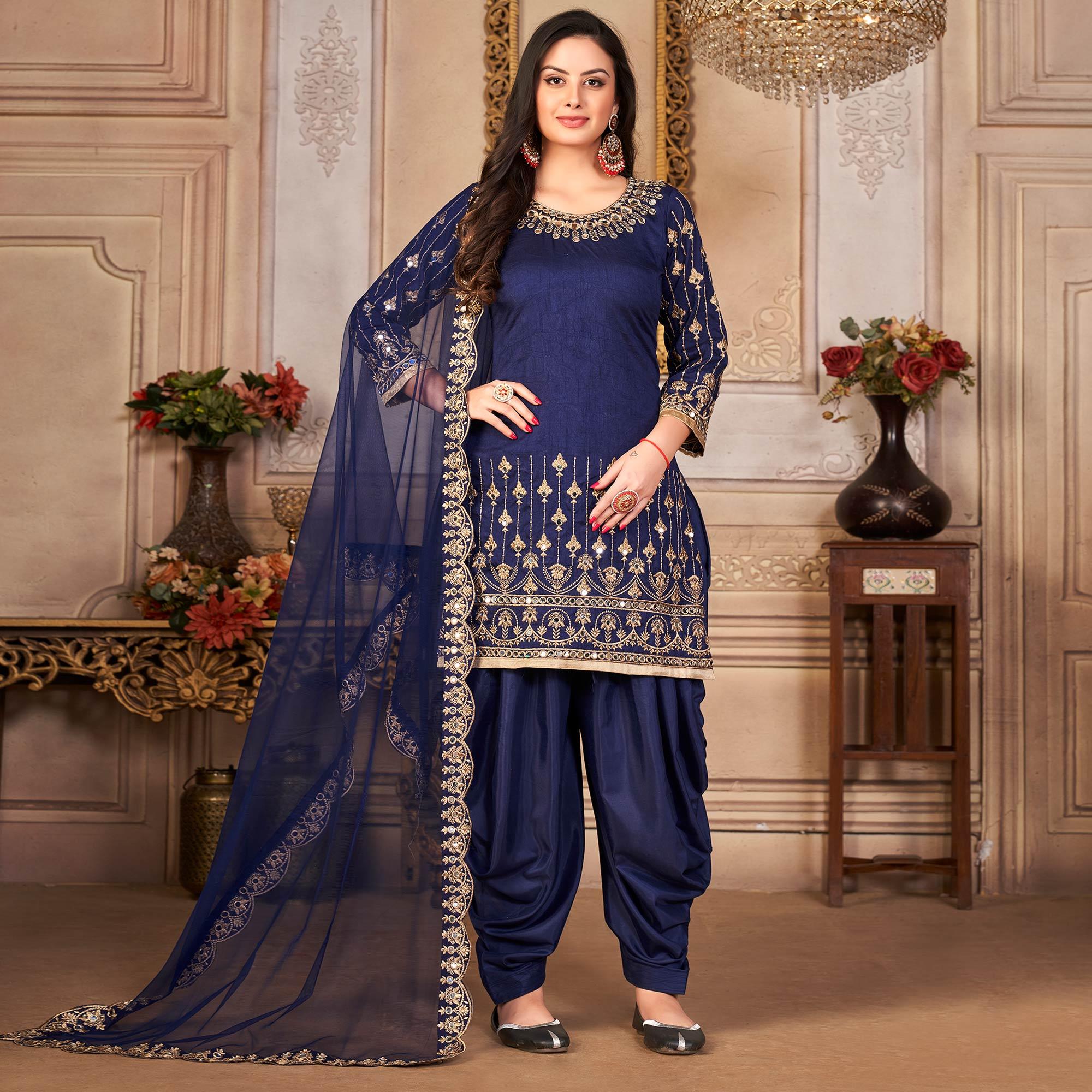 Navy Blue Embroidered Art Silk Patiala Suit - Peachmode