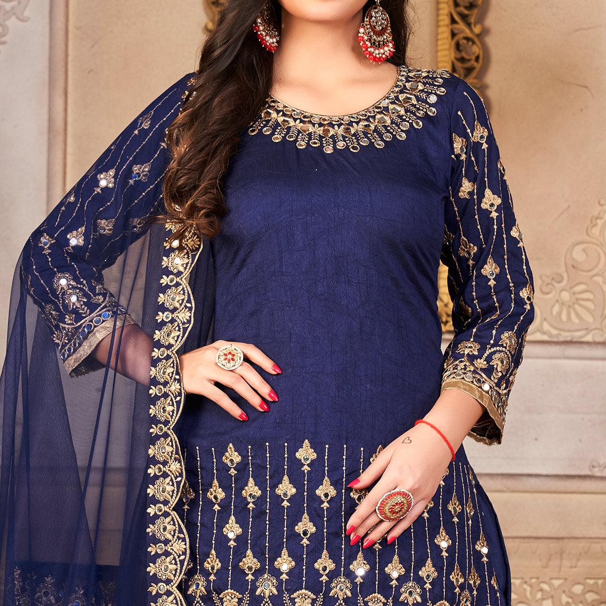 Navy Blue Embroidered Art Silk Patiala Suit - Peachmode