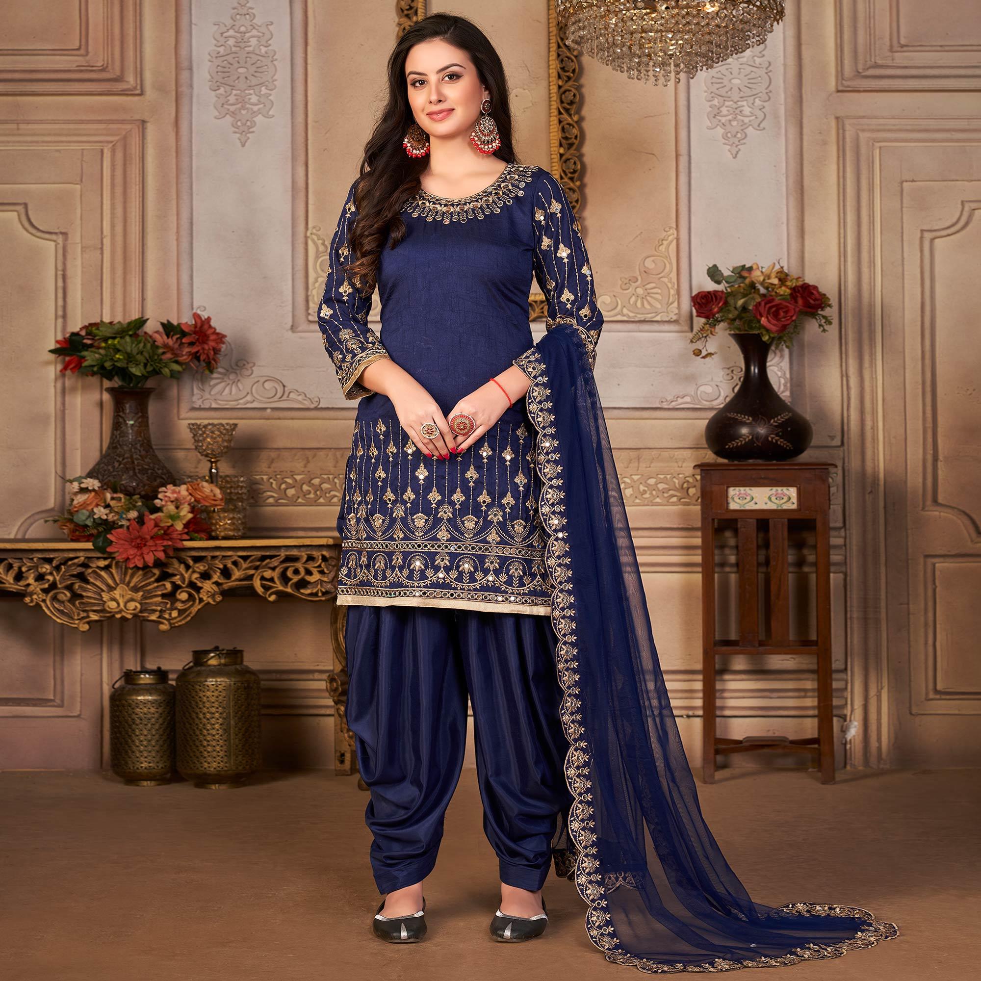 Navy Blue Embroidered Art Silk Patiala Suit - Peachmode