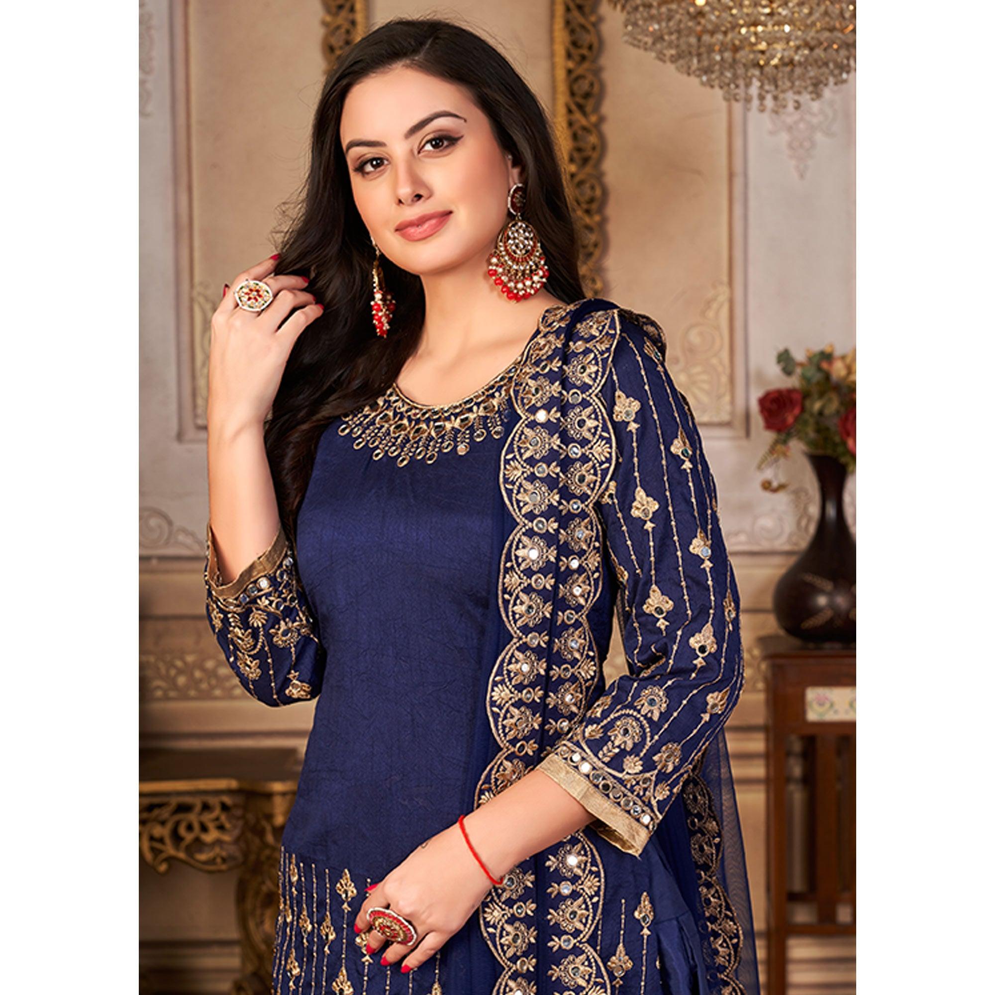 Navy Blue Embroidered Art Silk Patiala Suit - Peachmode