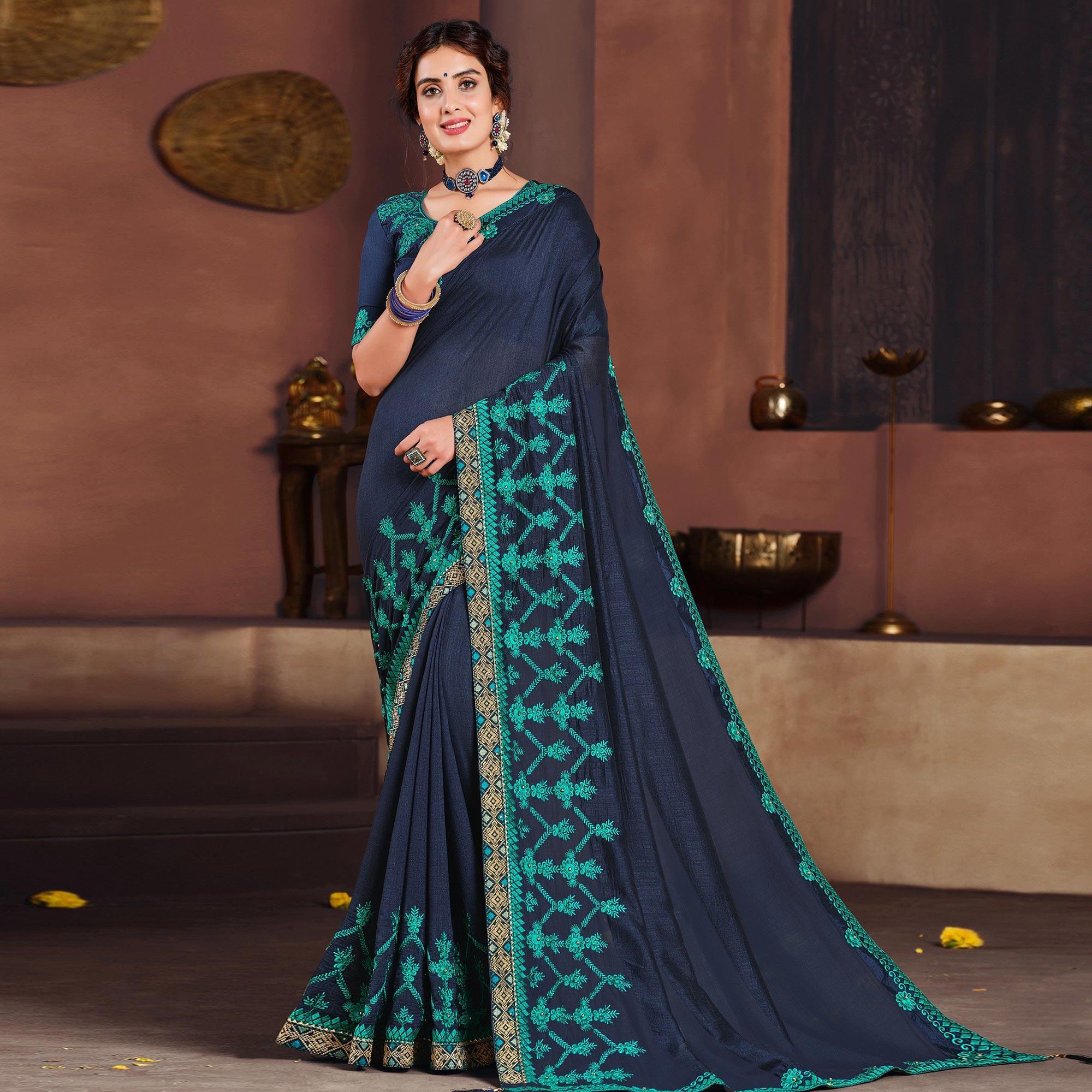 Navy Blue Embroidered Art Silk Saree - Peachmode