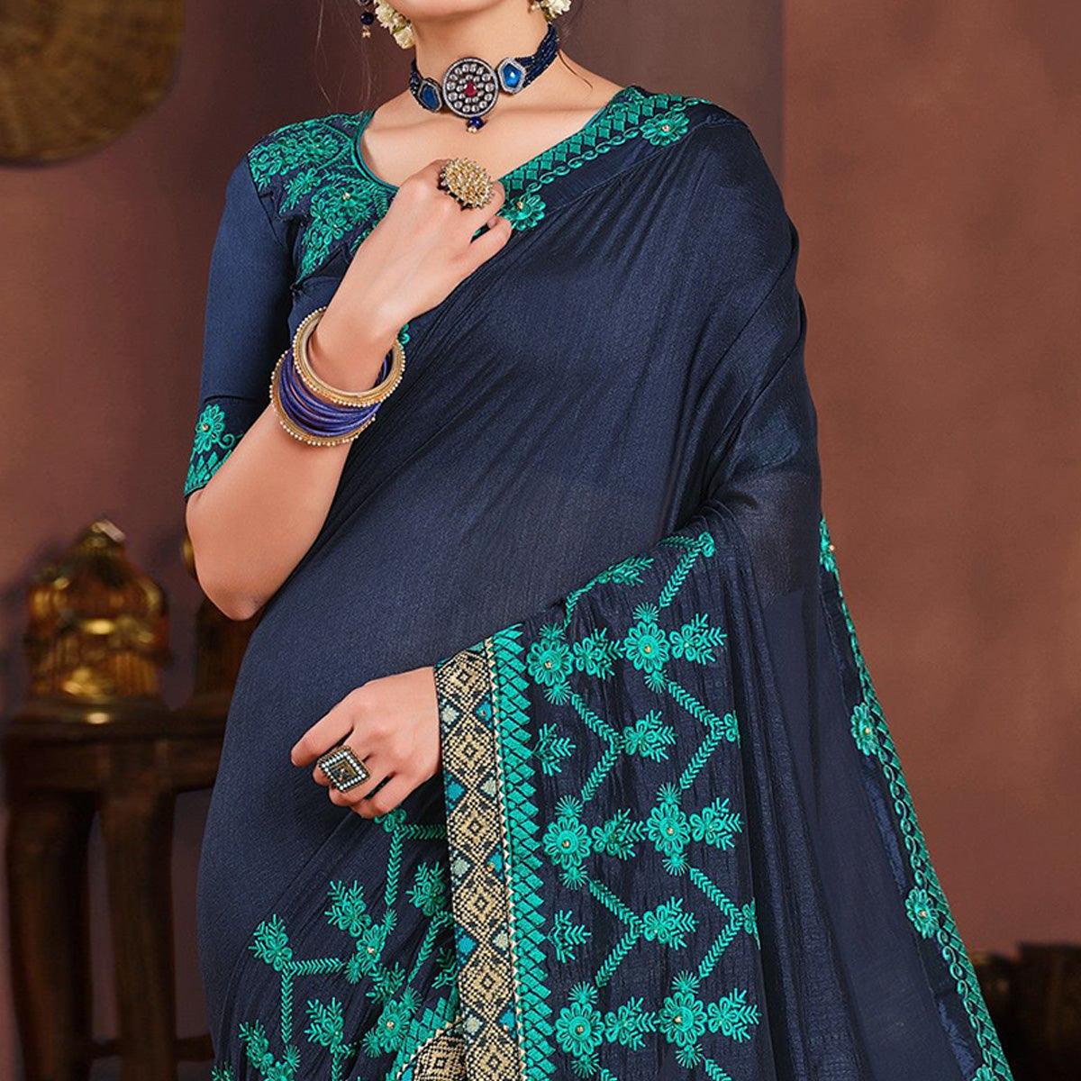 Navy Blue Embroidered Art Silk Saree - Peachmode