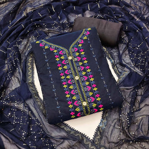 Navy Blue Embroidered Chanderi Dress Material - Peachmode