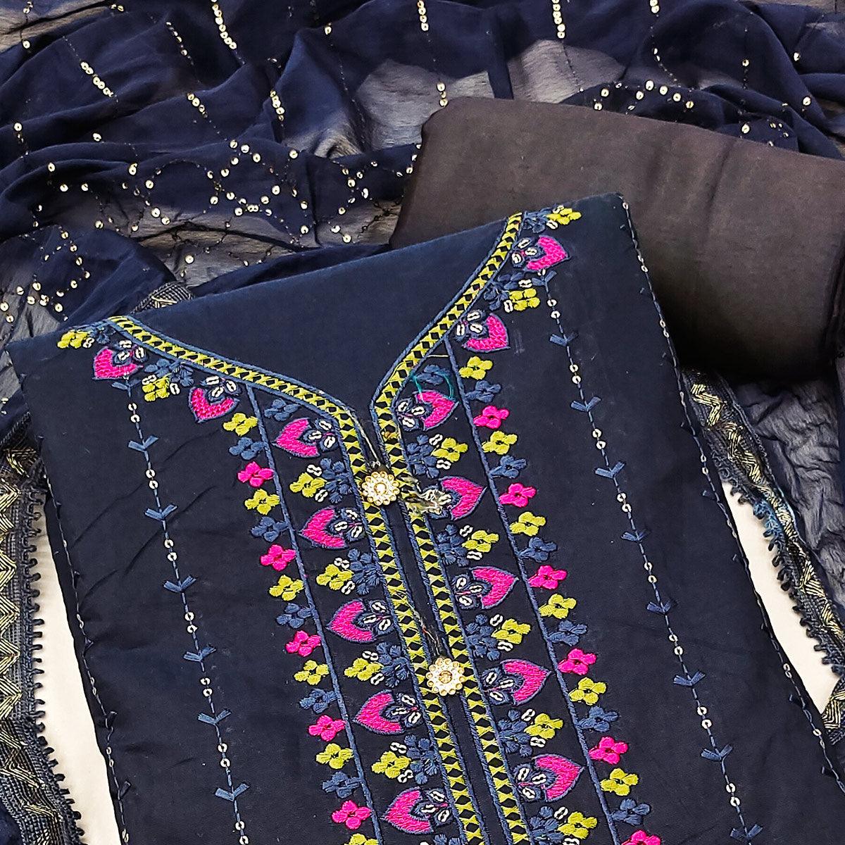 Navy Blue Embroidered Chanderi Dress Material - Peachmode