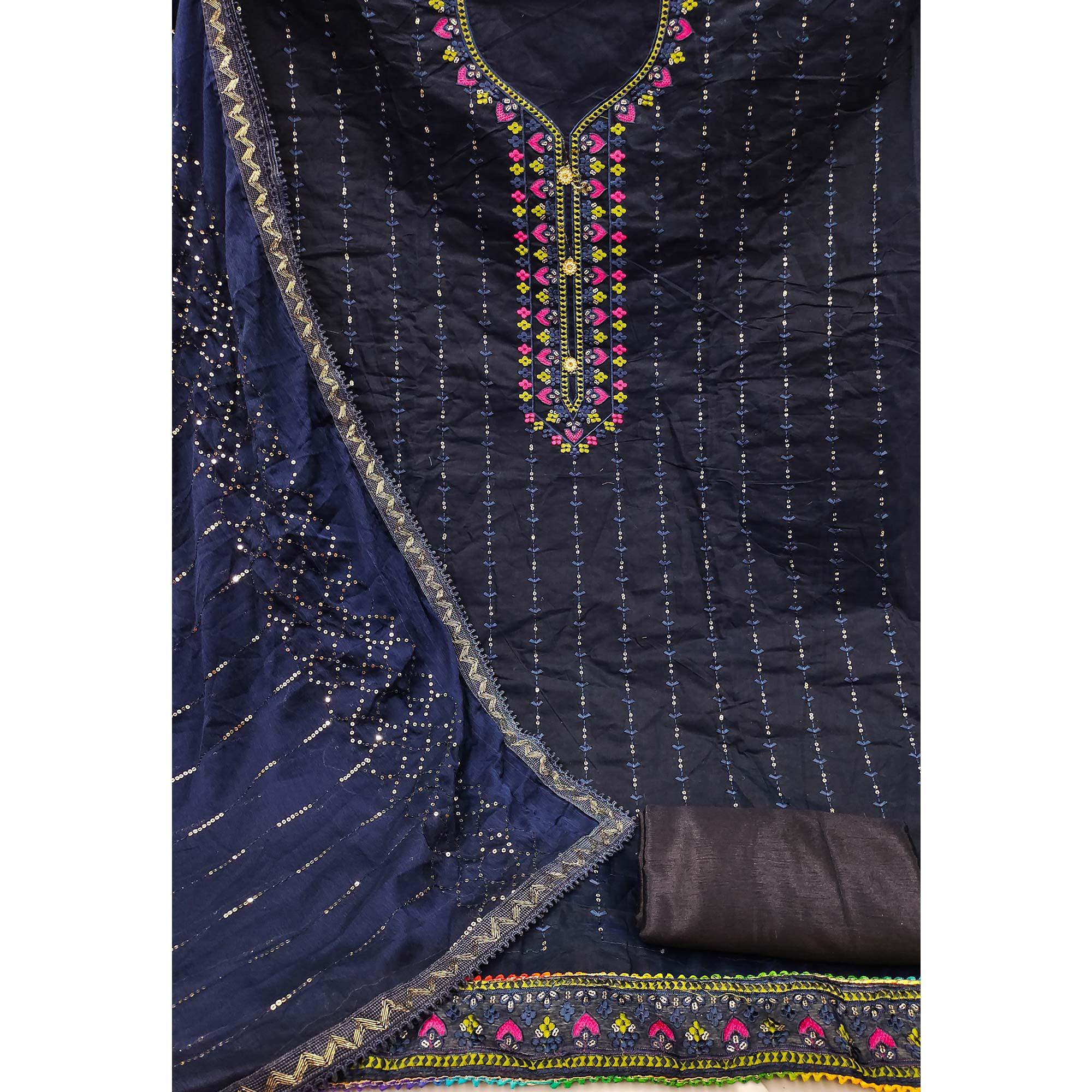 Navy Blue Embroidered Chanderi Dress Material - Peachmode
