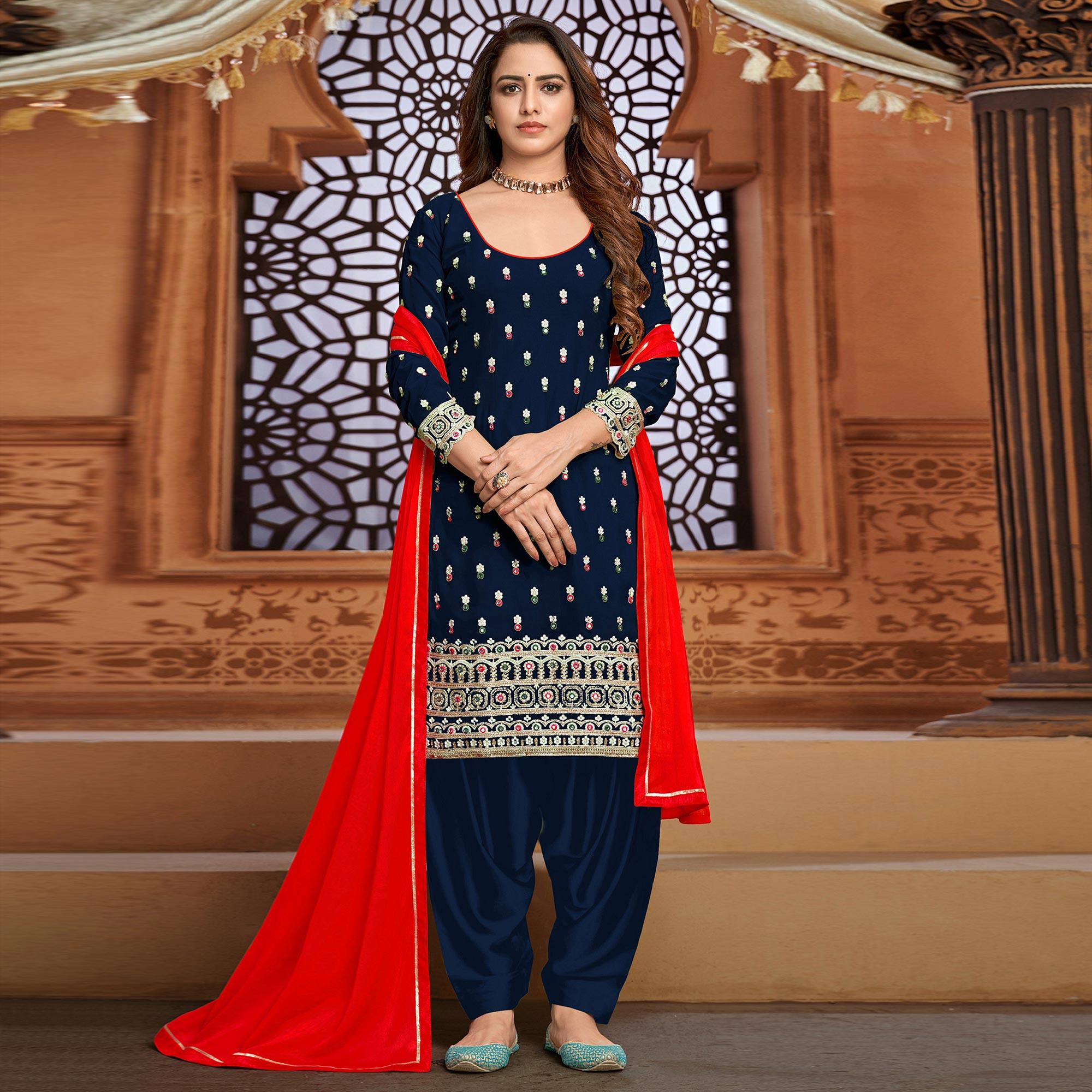 Navy Blue Embroidered Faux Georgette Partywear Patiyala Suit - Peachmode