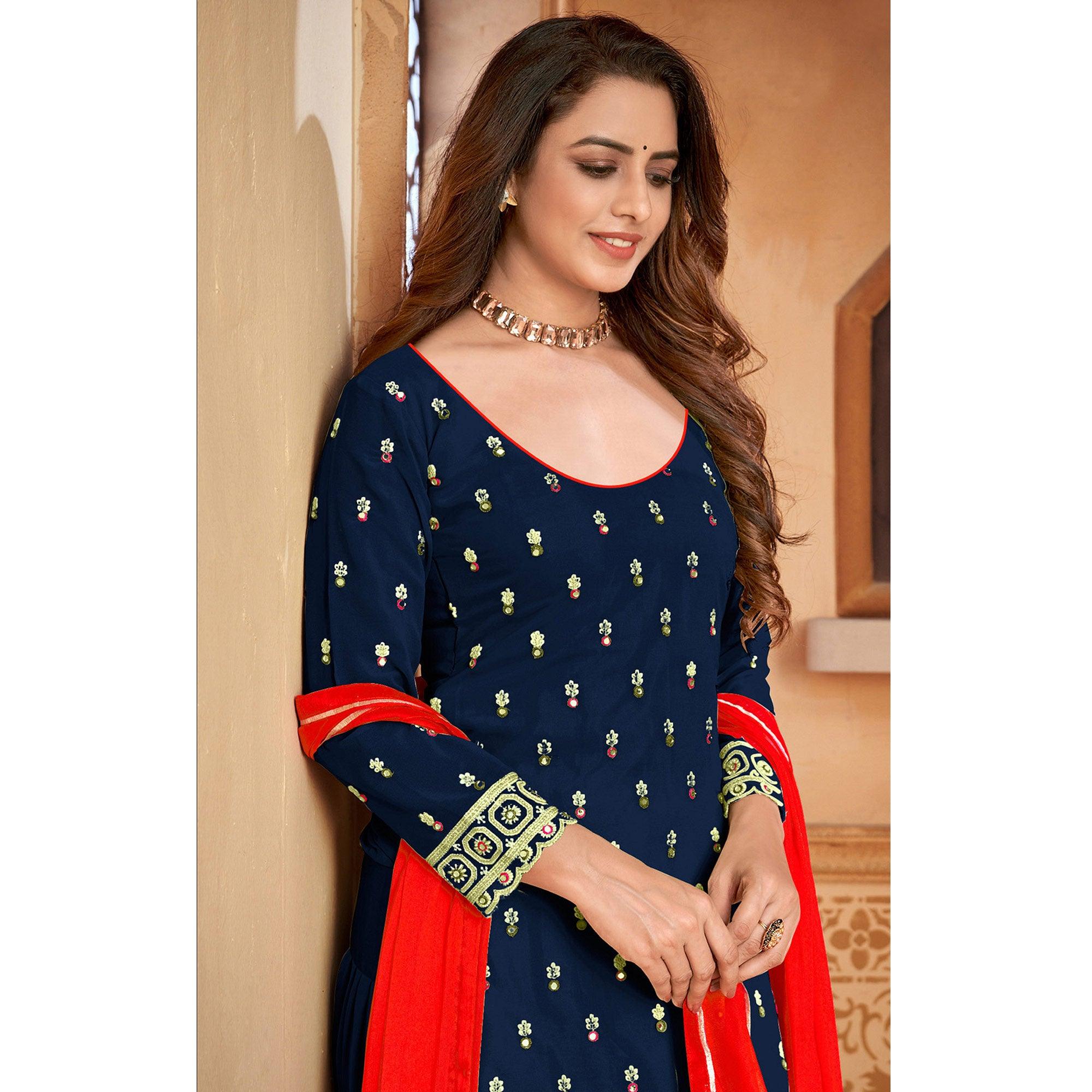 Navy Blue Embroidered Faux Georgette Partywear Patiyala Suit - Peachmode