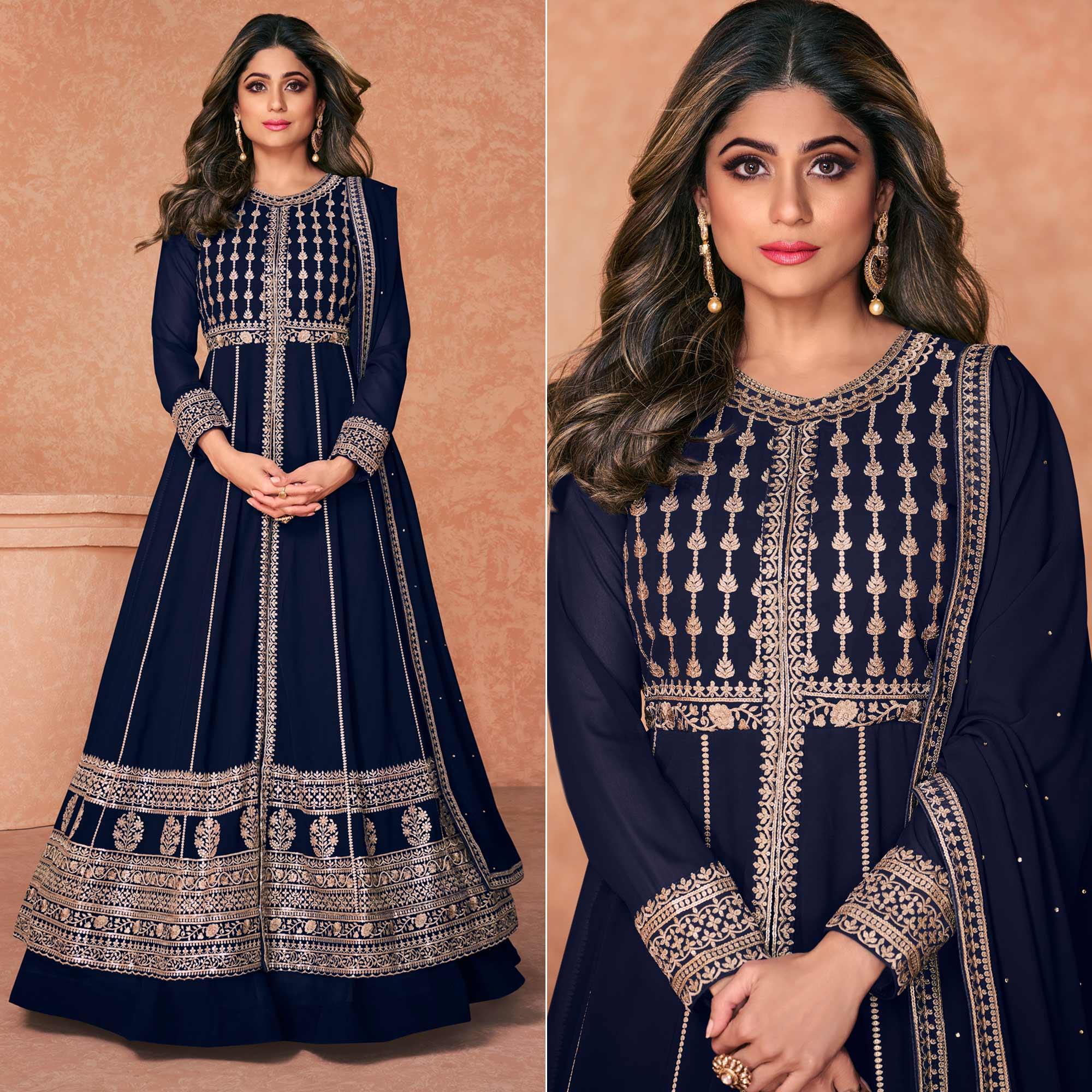 Navy Blue Embroidered Georgette Anarkali Style Gown - Peachmode