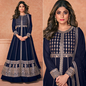Navy Blue Embroidered Georgette Anarkali Style Gown - Peachmode