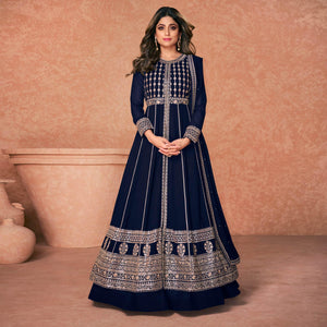 Navy Blue Embroidered Georgette Anarkali Style Gown - Peachmode