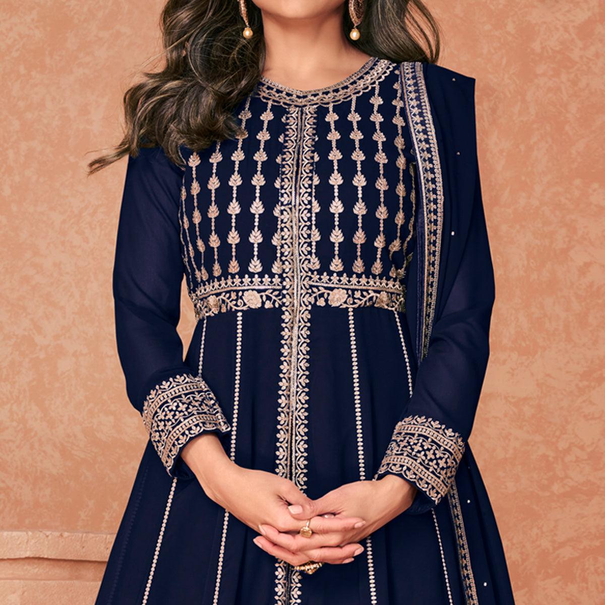 Navy Blue Embroidered Georgette Anarkali Style Gown - Peachmode